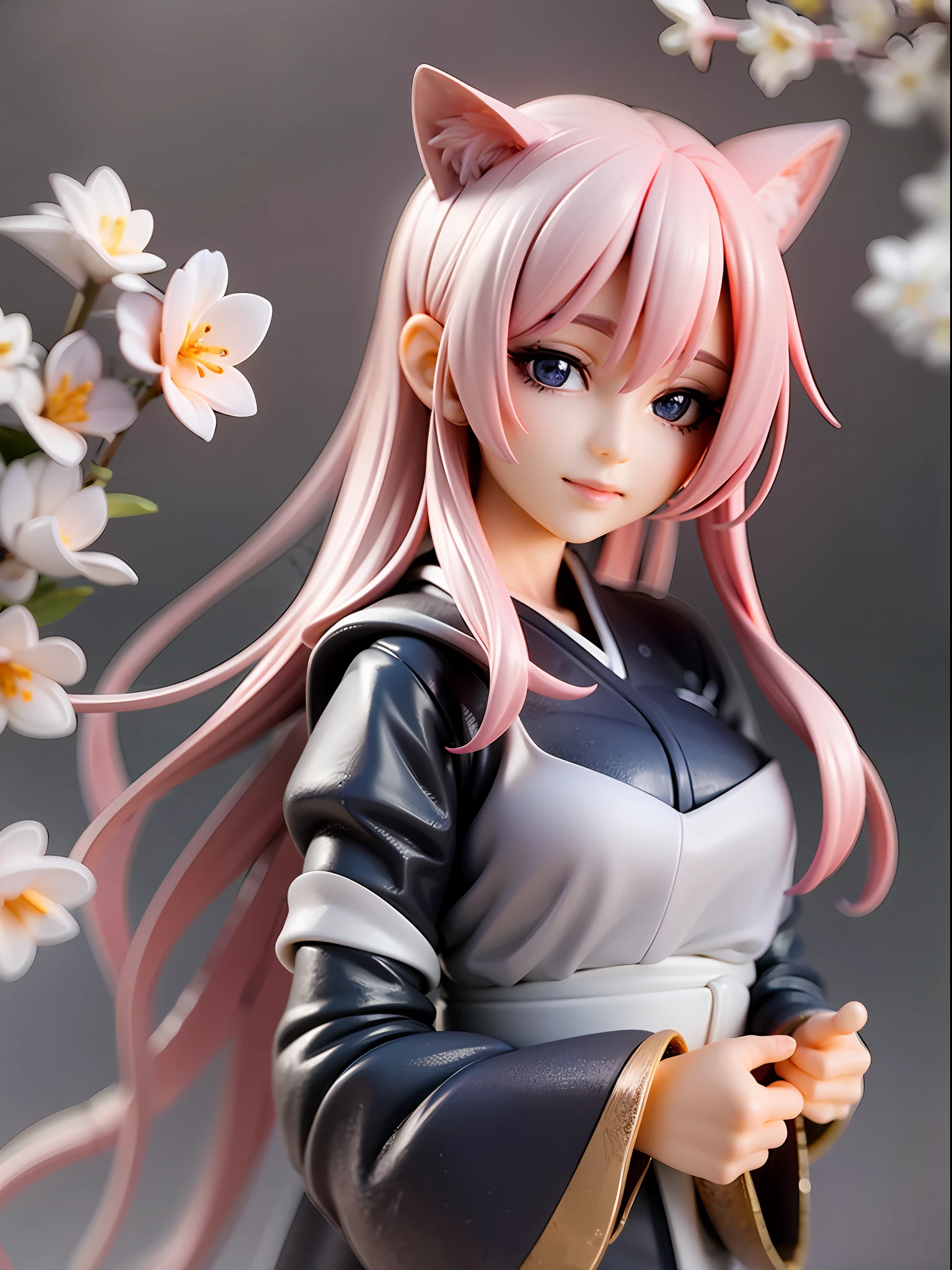 1girl, cat ears, cat tail, cherry blossom ,long pale hair, chibi, beautiful bright blue eyes, smiling, wearing a white kimono, standing under a night sky with a full moon, moon light,surrounded by blue roses, [realistic], [3d], (8k, RAW photo, best quality, masterpiece:1.2), ultra high res, photo realistic, professional lighting, detailed lighting, professional photography, high quality, high res, extremely detailed, bloom, depth of field, sketch, sharp focus, soft lighting, detailed, detailed skin, to8contrast style.
