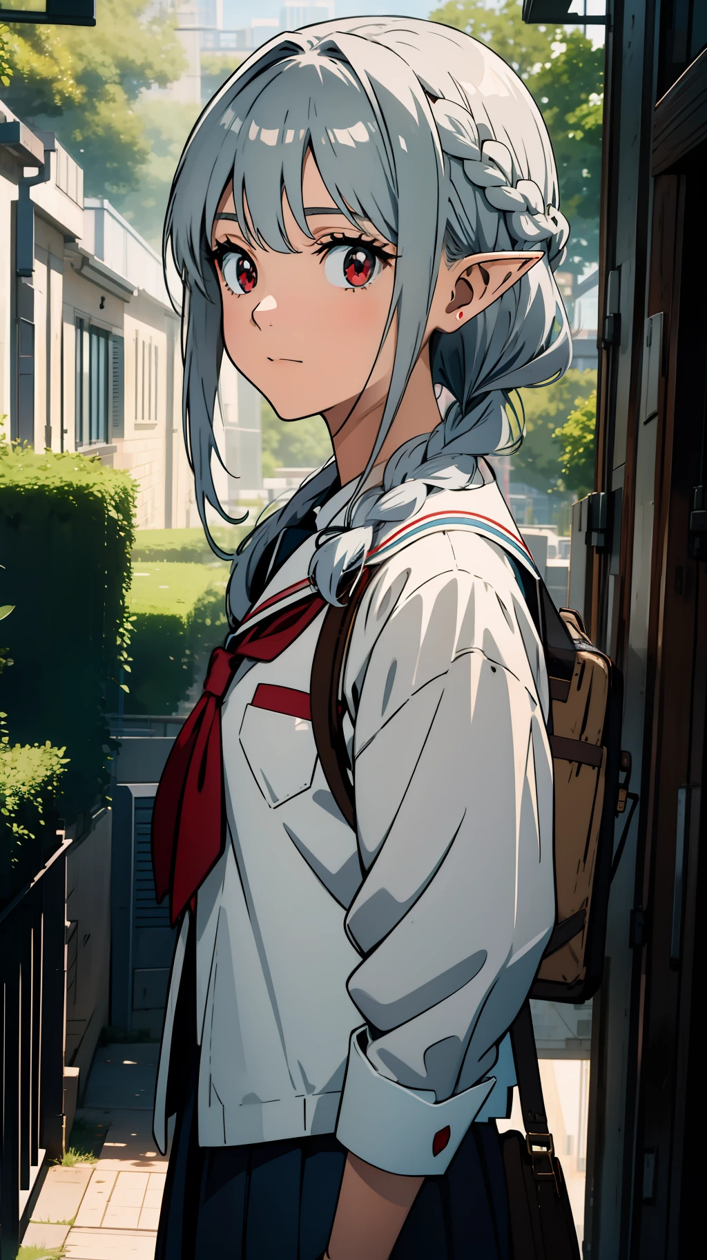 Close up portrait of one girl, elf, silver hair, red eyes, braid, school uniform, school street, walking, concept art, beautiful anime scene, best quality, 4K