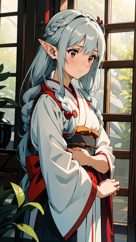 close up portrait of one girl, elf, silver hair, red eyes, braid, kappo kimono, japanese maid, kimono, apron, japan house, putti...