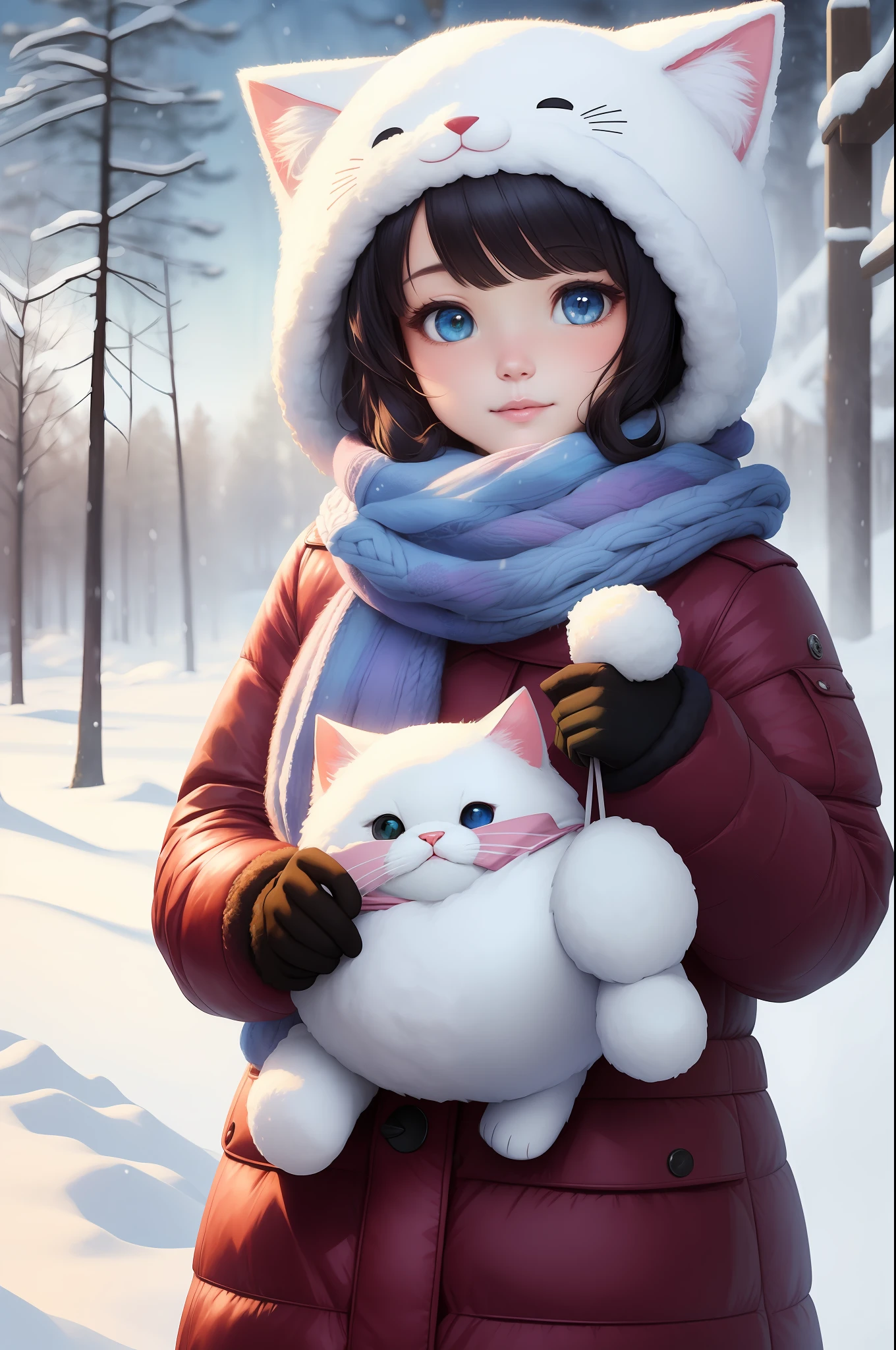 Style-NebMagic, Portrait of a fluffy, round and happy baby cat with a scarf made of Style-SylvaMagic in the snow, by Ismail Inceoglu, Gazelli, James Jean, Anton Fadeev and Yoshitaka Amano, insanely detailed, 8k resolution, digital art, trends in season of arts, vibrant colors, chibi style, a masterpiece, adorable and friendly