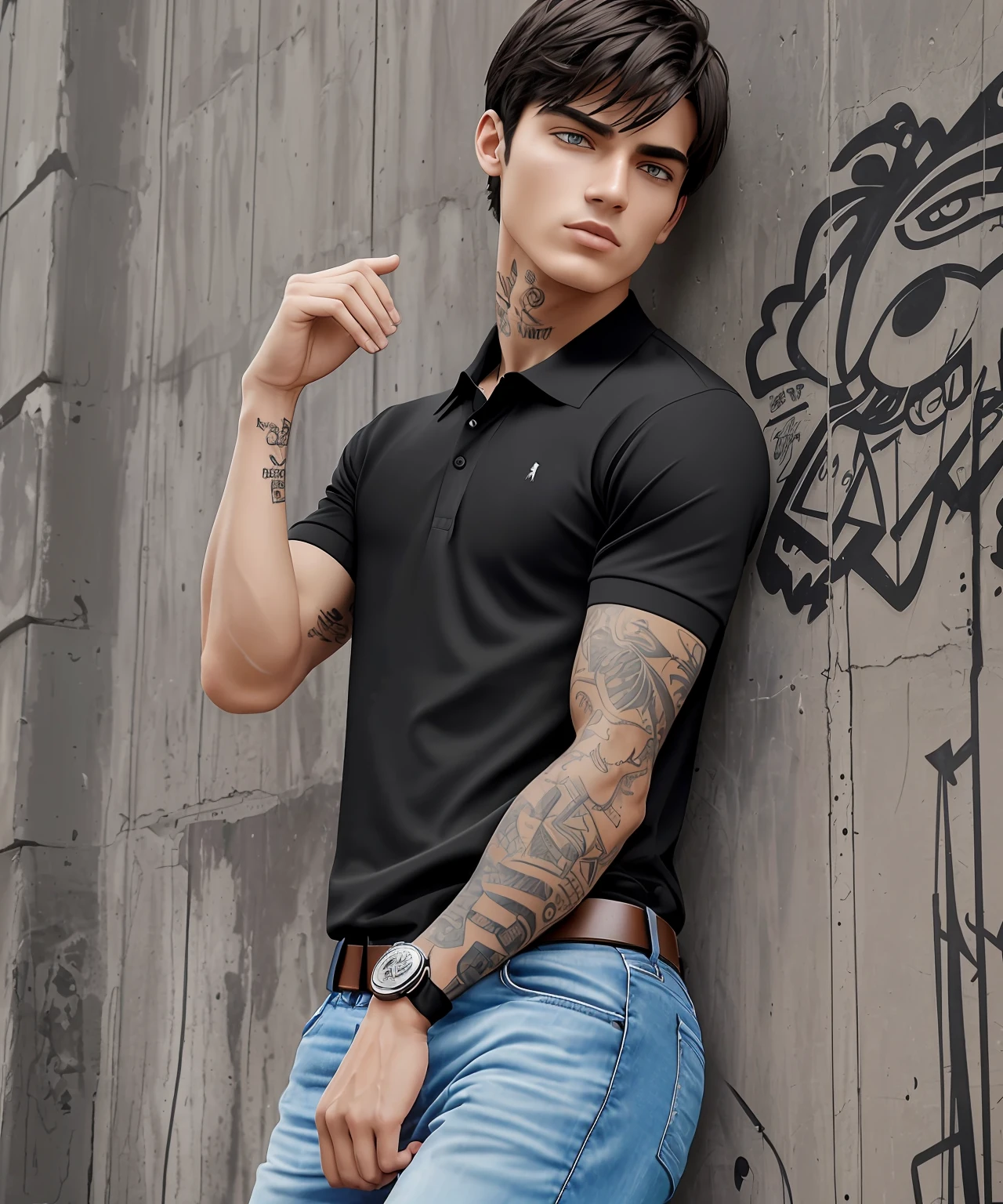 (street man), ((dress black polo shirt smooth)), dark blue jeans, with tear in the knee, with black shoes with gray, with straight and short brown hair, fair skin, a tribal tattoo on the arm, black eyes, ((full body)), ((perfect face)),((perfect iris eyes)), supported on walls with graffiti art, image fashion photographic catalog, Social realism,  Realism, ray tracing, reflection light, high quality, high details, super detail, 8k, 16k, best quality --auto --s2