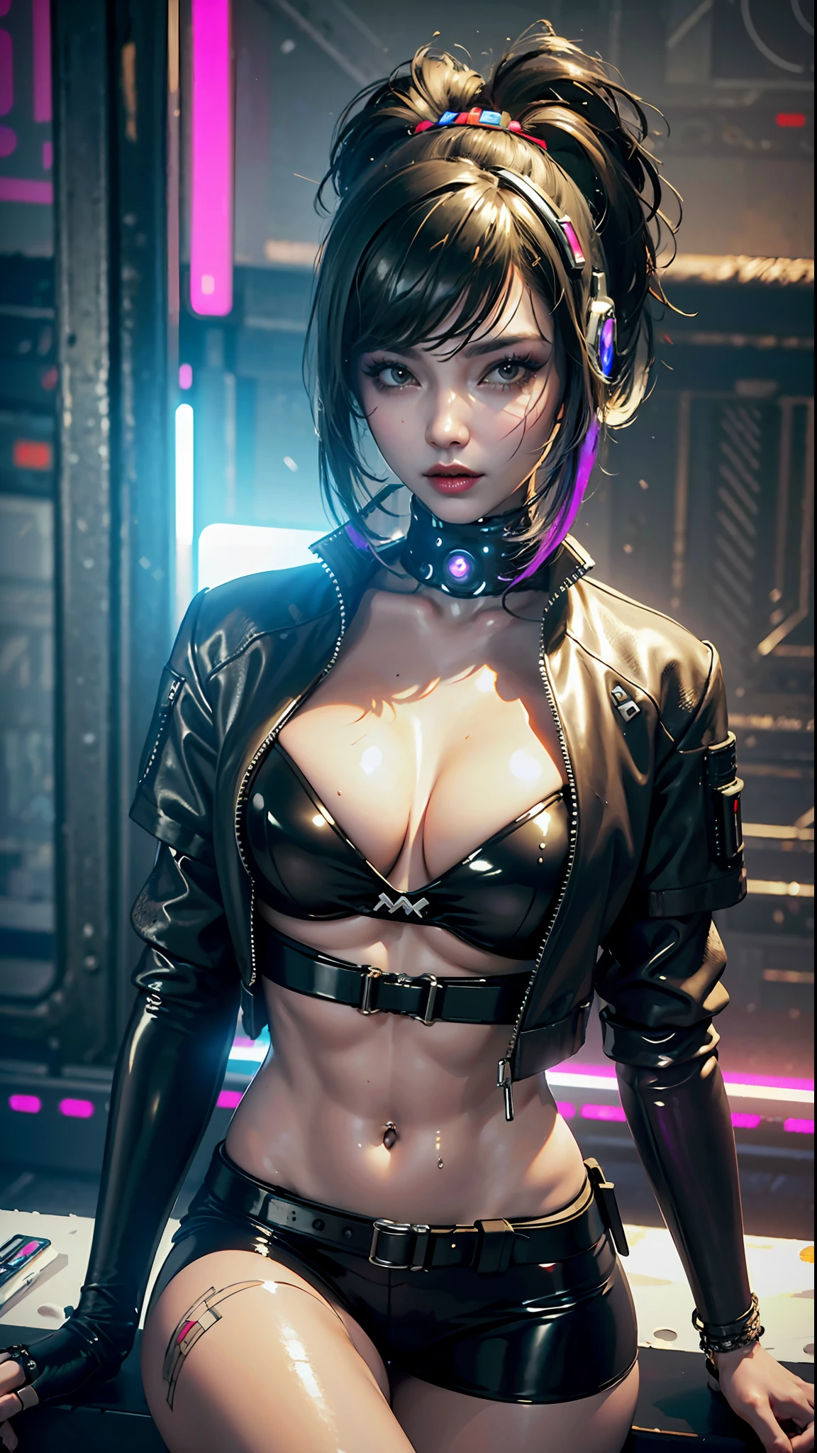 ((Best quality)), ((masterpiece)), (highly detailed:1.3), 3D, beautiful (cyberpunk:1.3), stylish woman looking at camera black leather clothes
