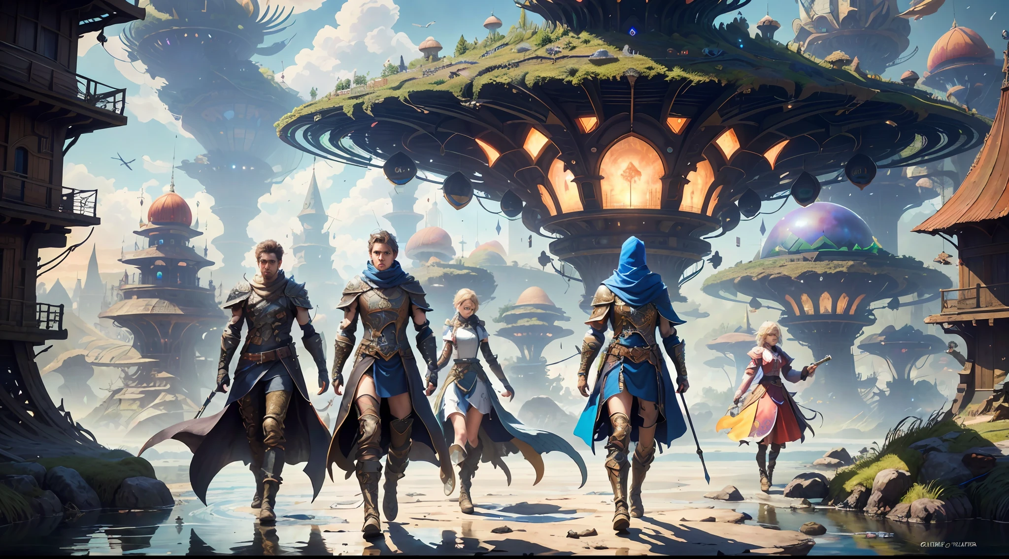 (((Multiplayer, Vivid eyes, men and women))), Best Quality, Realistic, Realistic, Award-Winning Illustrations, (Intricate Details: 1.2), (Fine Details), (Intricate Details), (Cinematic Light, Best Quality Backlight), Clear Lines, Sharp Focus, Official Art, Unity 8k Wallpaper, Ridiculous, Incredibly Absurd, Fantasy Art, RTX, ((Award-winning Triangle Studio Close-up Photo)), 1 Boy, (Shut Up), Best Quality, 4K, beautiful mysterious creatures, female, flying, surrealism, masterpiece by NCWINTERS, in a mysterious country town, masterpiece, intricate details, ff14style, urban painting, bridge, river, giant mushroom, landscape, bright colors, ((((full body image))),