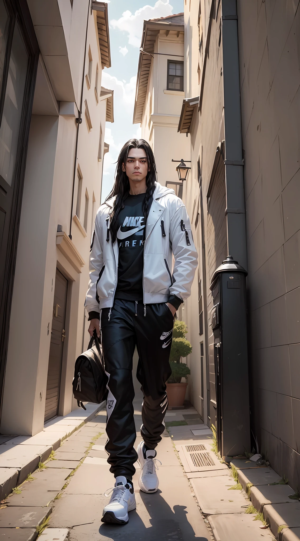 (a masterpiece), the best quality, ultra-detailed, unity 8k CG wallpaper of extreme precision, the best lighting and shadow, man with long black hair (tall and strong) standing alone on the doorstep, (white jacket) - (black street pants) - (nike jordan sneakers) propped up against a wall. --auto --s2