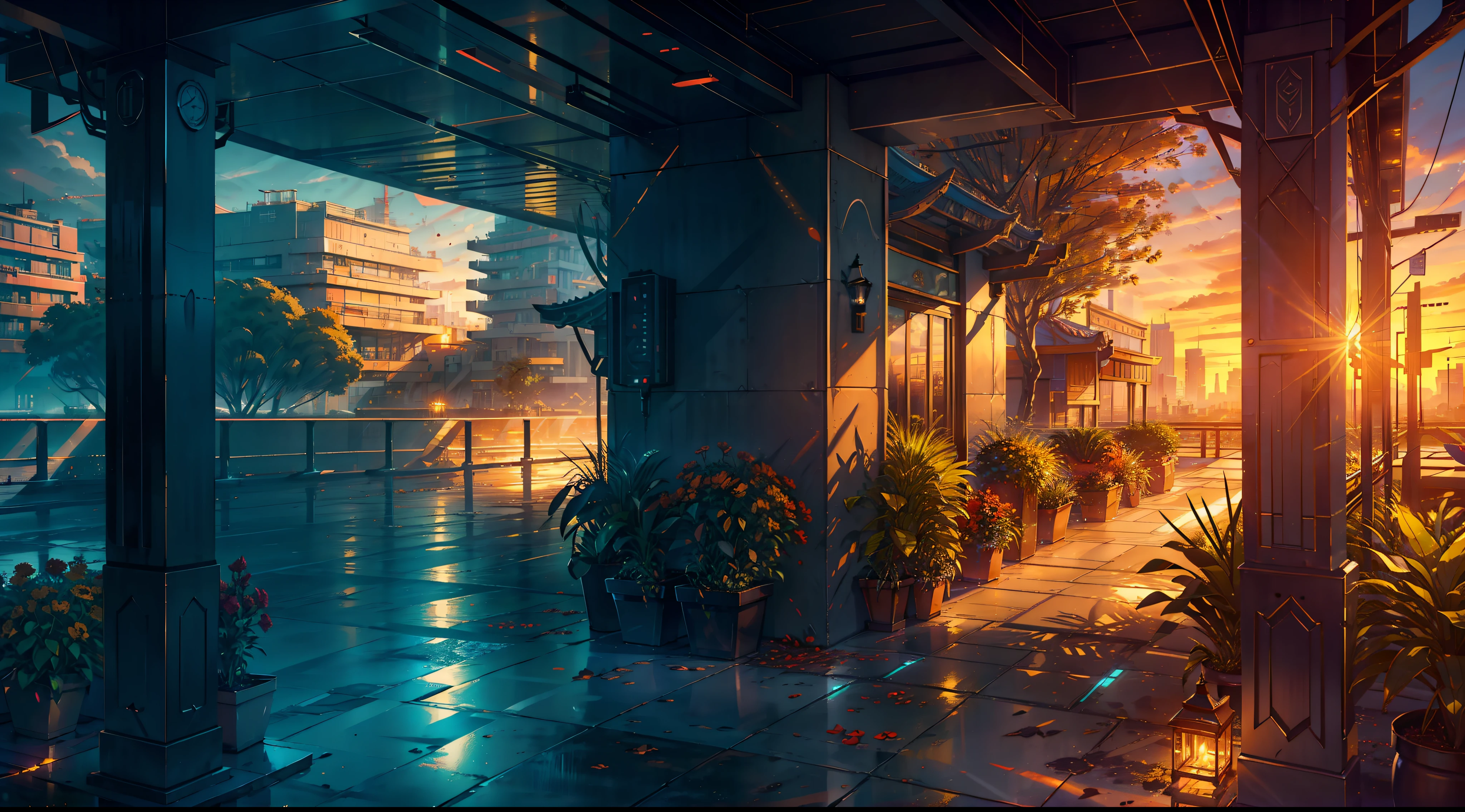 heavy shadows, bolts, ((cinematic lighting)), Hyperrealism, sky scrapers, flowers, golden sunset, very detailed, miaobishenghua, ((masterpiece)), soothing tones, sharp, (photorealistic:1.4), hdr, autumn, 4K, adventurous, scenery, octane render, celestial, SFX, luscious lips, potted_plant,