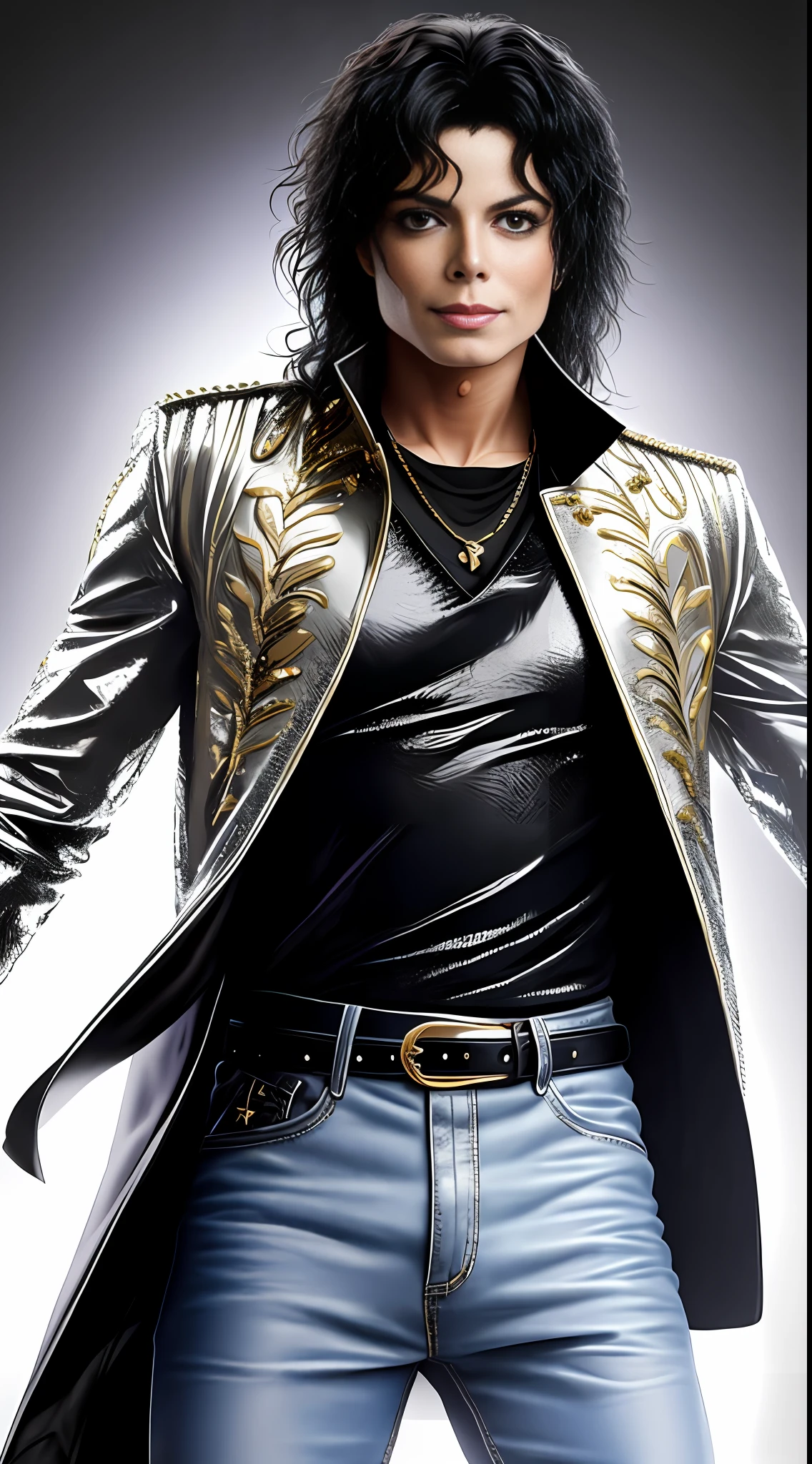 create Michael Jackson in Full body photography of the most beautiful artwork in the world, in show costume, ArtStation, CGSociety, complex, high detail, clear focus, dramatic, realistic pictorial art trends Greg Rutkovsky