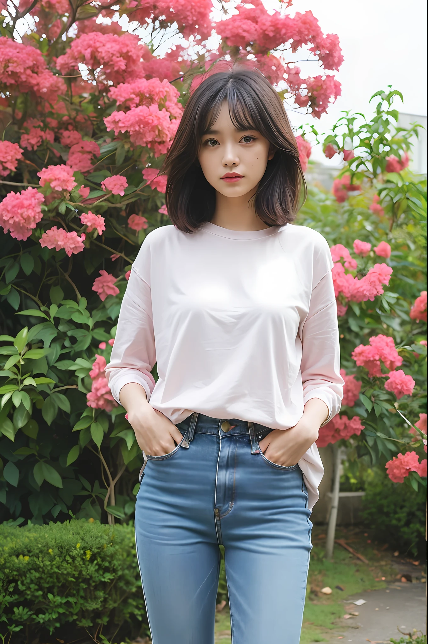 (Highly detailed body, highly detailed face, best quality: 1.2), a woman, looking at the audience, (bare, jeans, cotton socks), (pink bougainvillea chaos in the background: 1.4)