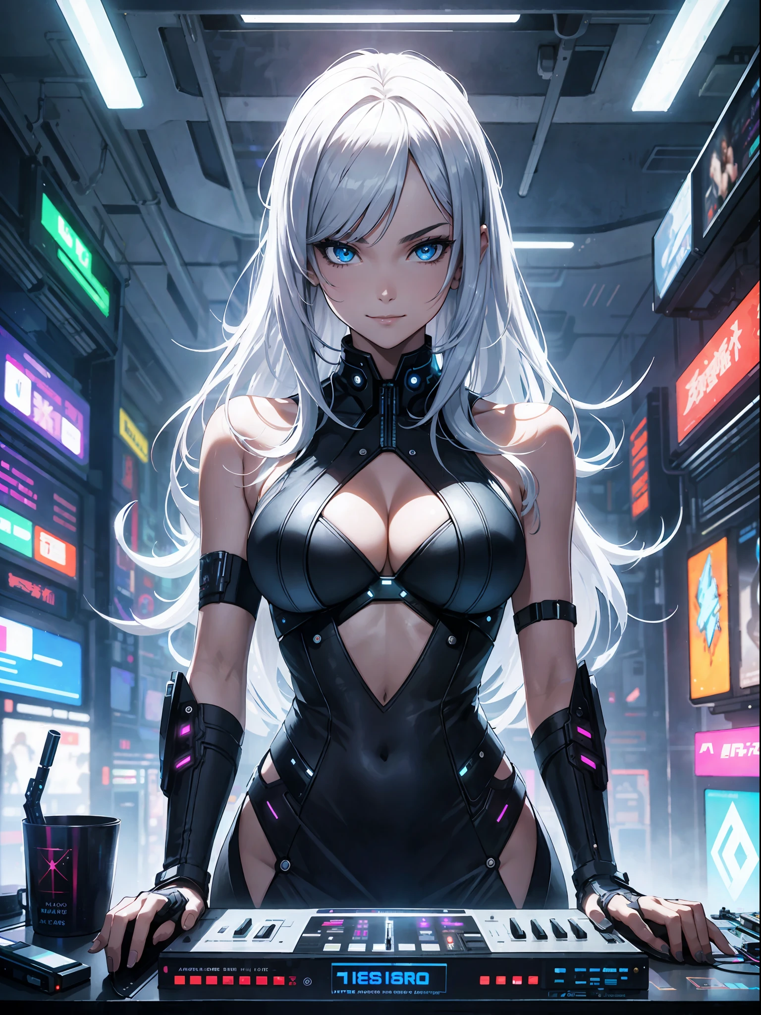best quality, masterpiece, trending on art station, WLOP, solo, science fiction, cyberpunk, extremely beautiful, sexy, futuristic DJ, wearing a silver halter neck dress, smug smile, cleavage, highly detailed, perfect, detailed face, detailed eyes, long hair, main color palate is pale neon lights, DJ console, stylish, hightech, fancy
