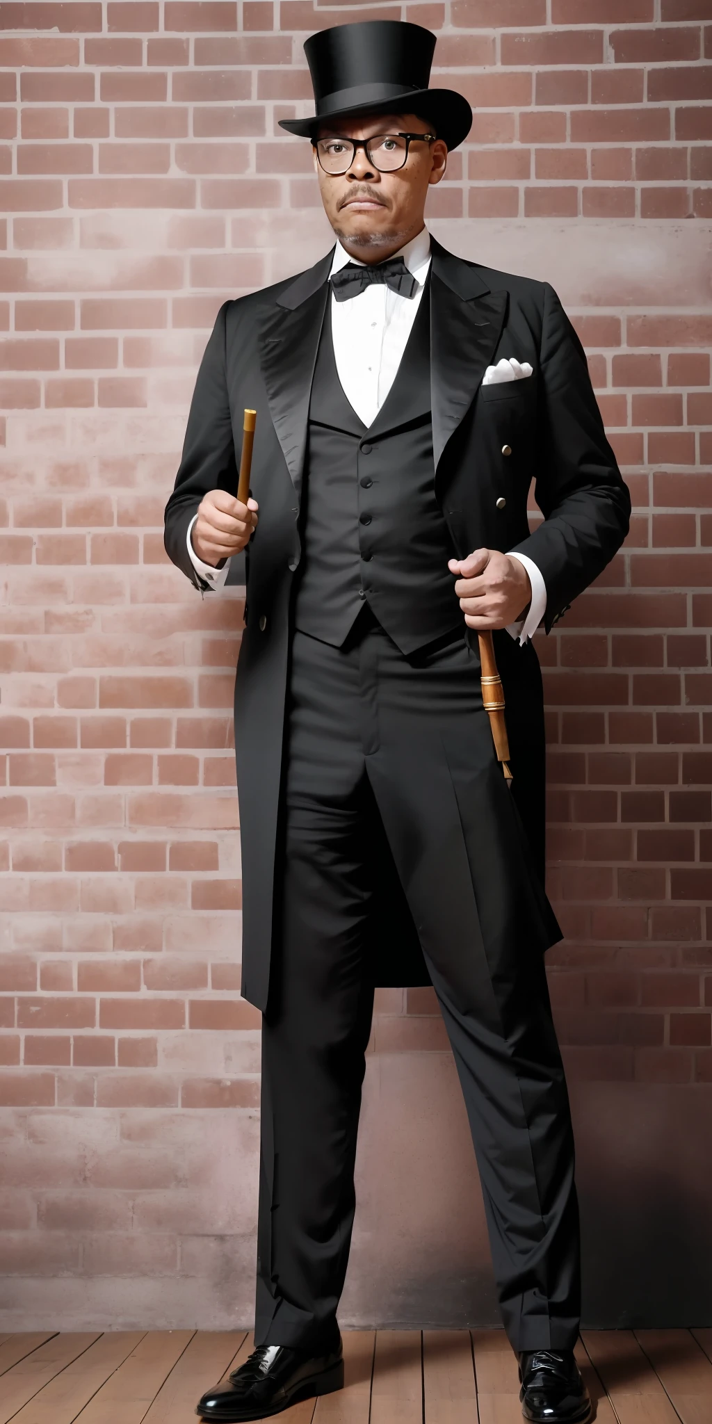 guttonerdvision5, a bespectacled Victorian man, wearing character, elegant, cane, top hat, possing for full body photo, light brick wall background, cinematic lighting, depth of field, realism, photorealistic, hyperrealism, professional photography, uhd, dslr, hdr