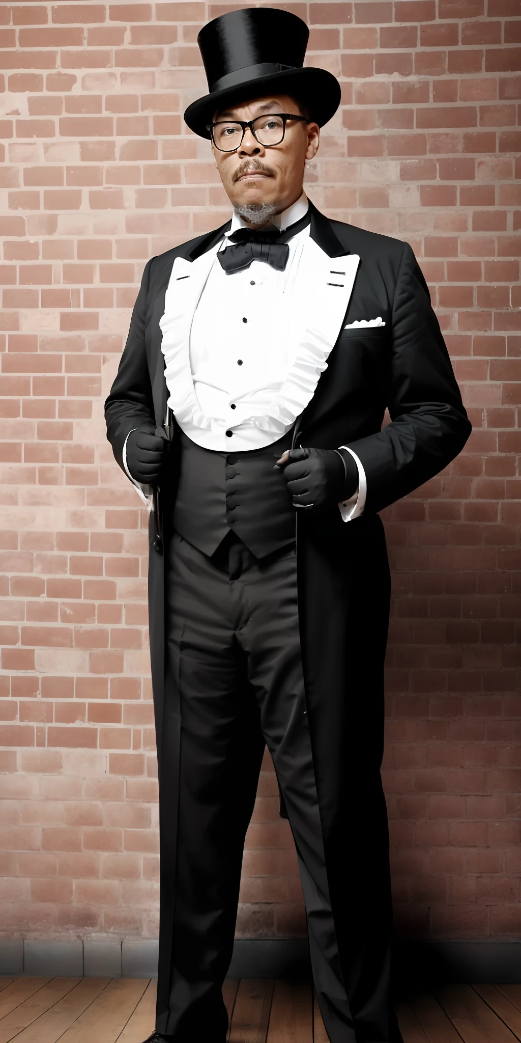 guttonerdvision5, a bespectacled Victorian man, wearing character, elegant, cane, top hat, possing for full body photo, light brick wall background, cinematic lighting, depth of field, realism, photorealistic, hyperrealism, professional photography, uhd, dslr, hdr