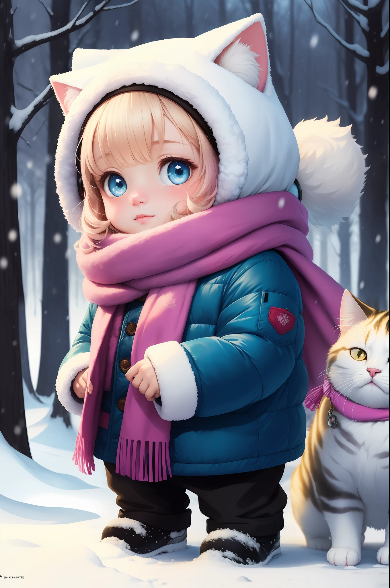 Style-NebMagic, Portrait of a fluffy, round and happy cat with a scarf made of Style-SylvaMagic in the snow, by Ismail Inceoglu, Gazelli, James Jean, Anton Fadeev and Yoshitaka Amano, insanely detailed, 8k resolution, digital art, trends in season of arts, vibrant colors, chibi style, a masterpiece, adorable and friendly