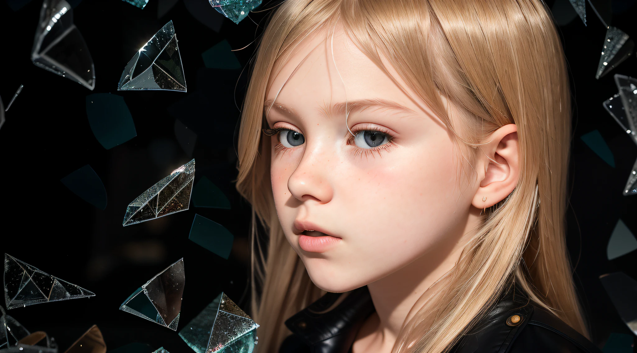 GIRL Russian child with 10 years, blonde long hair, closeup, in a black leather jacket, a closeup of a broken glass window with a black background, shattered glass, broken glass, broken glass ( (sun rays) ), glass breaking, vivid broken glass, a million shards of broken glass, photo of broken glass, shards of glass strewn about, shards of glass, broken, cracked glass, sharp glass shards, composition of broken mirrors, broken mirror