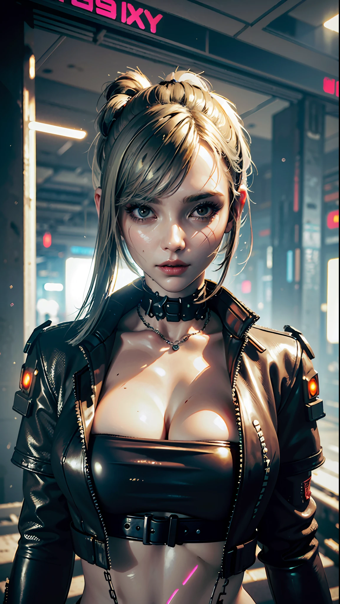((Best quality)), ((masterpiece)), (highly detailed:1.3), 3D, beautiful (cyberpunk:1.3), stylish woman looking at camera black leather clothes