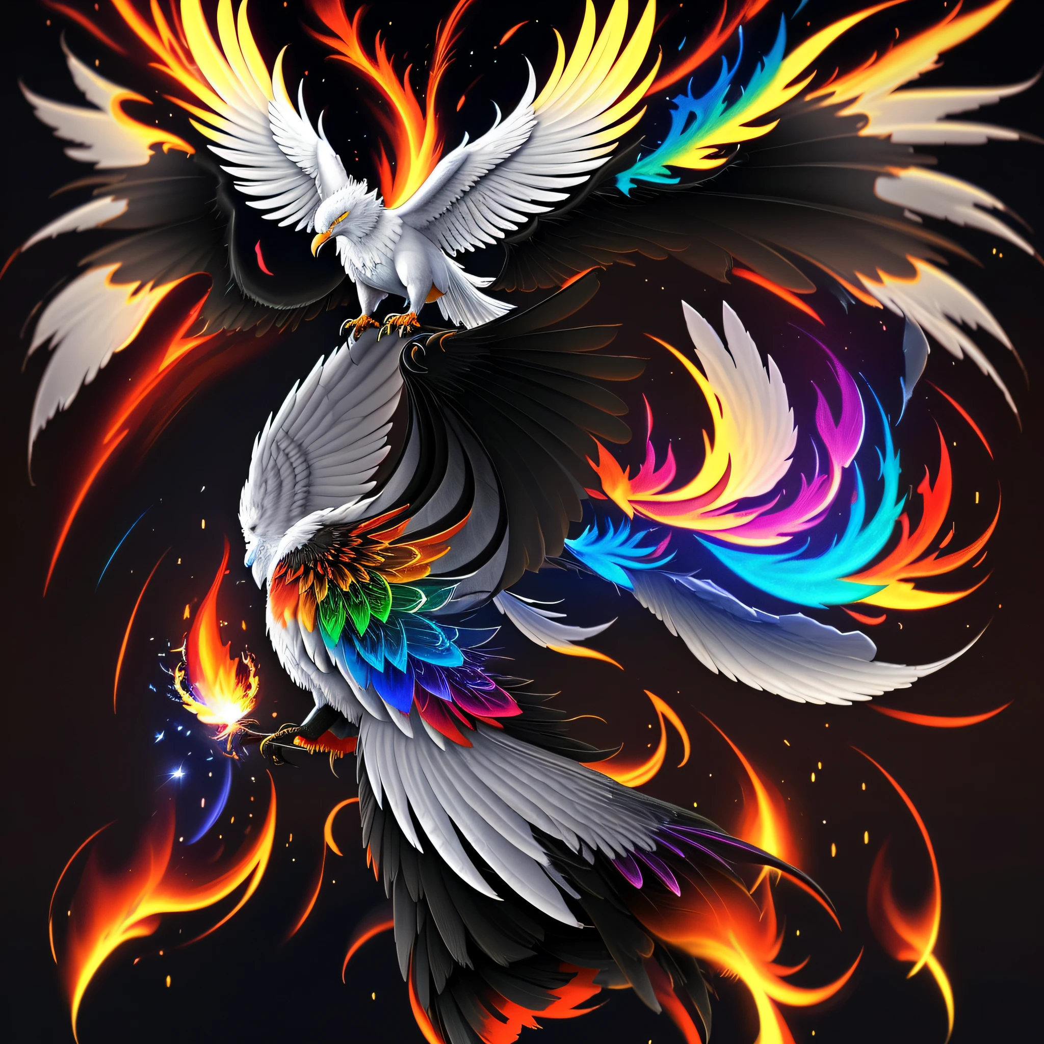 Colorful bird drawing on black background, phoenix rising from ashes, stunning render, inside radiant connection, inspired by Kinuko Y. Craft, incorporating fox, magical elements, white eagle icon, wow it's beautiful, Cast multicolored spells, bright flares, flares