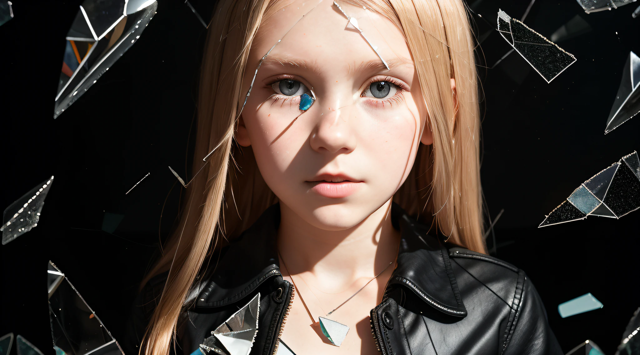 GIRL Russian child with 10 years, blonde long hair, closeup, in a black leather jacket, a closeup of a broken glass window with a black background, shattered glass, broken glass, broken glass ( (sun rays) ), glass breaking, vivid broken glass, a million shards of broken glass, photo of broken glass, shards of glass strewn about, shards of glass, broken, cracked glass, sharp glass shards, composition of broken mirrors, broken mirror