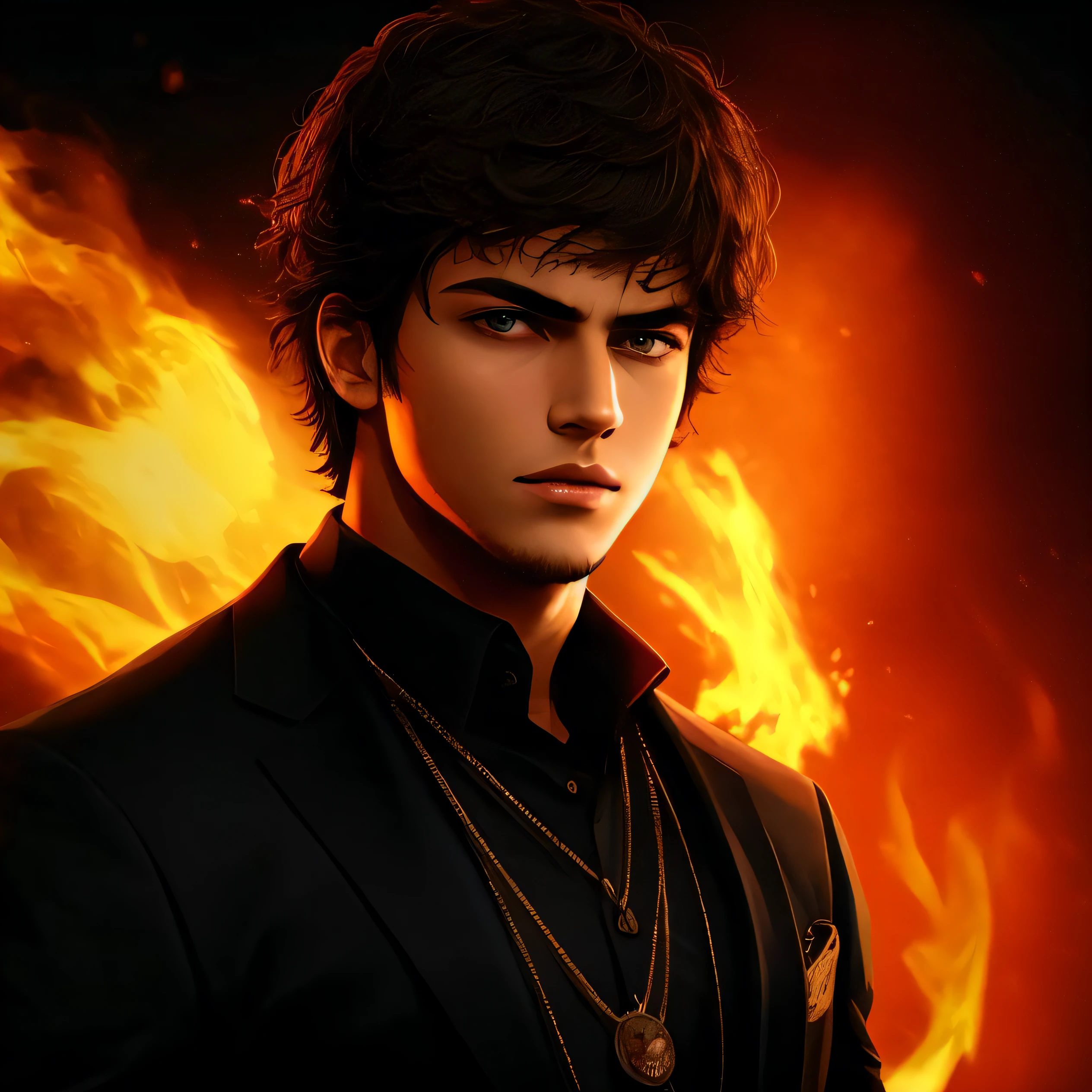 Man in suit, handsome face, fire background, demon killer or vampire, Charlie Bowater style, Charlie Bowater official character image, fantasy style male portrait, showing Damon Salvador and Devianath.
