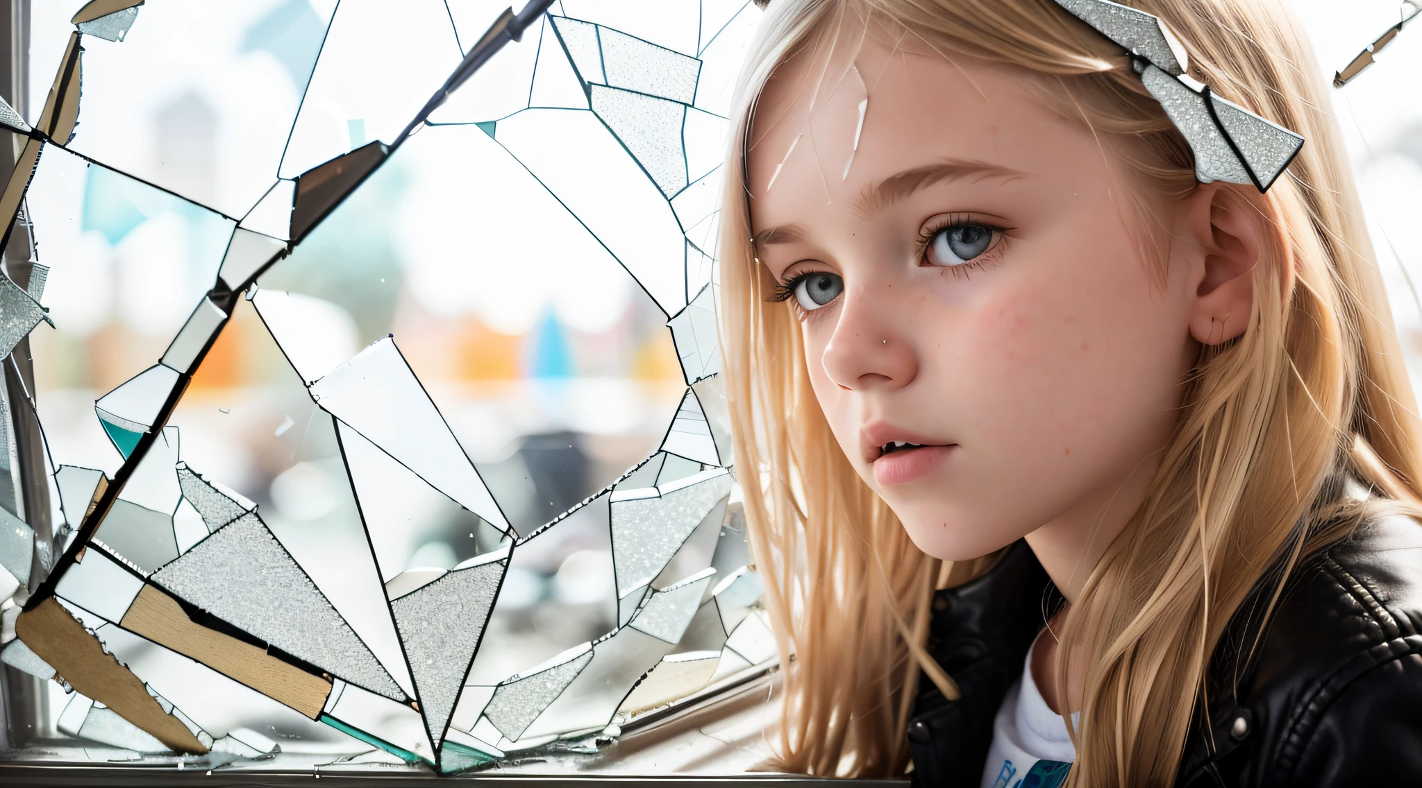 GIRL Russian child with 10 years, blonde long hair, closeup, in a black leather jacket, a closeup of a broken glass window with a black background, shattered glass, broken glass, broken glass ( (sun rays) ), glass breaking, vivid broken glass, a million shards of broken glass, photo of broken glass, shards of glass strewn about, shards of glass, broken, cracked glass, sharp glass shards, composition of broken mirrors, broken mirror