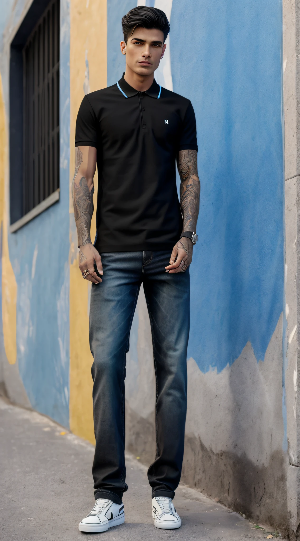 (street man), ((dress black polo shirt smooth)), dark blue jeans, with rip, with black shoes with gray, with straight and short brown hair, fair skin, a tribal tattoo on the arm, black eyes, ((full body)), ((perfect face)),((perfect iris eyes)), supported on walls with graffiti art, image fashion photographic catalog, Social realism, Realism, ray tracing, reflection light, high quality, high details, super detail, 8k, 16k, best quality