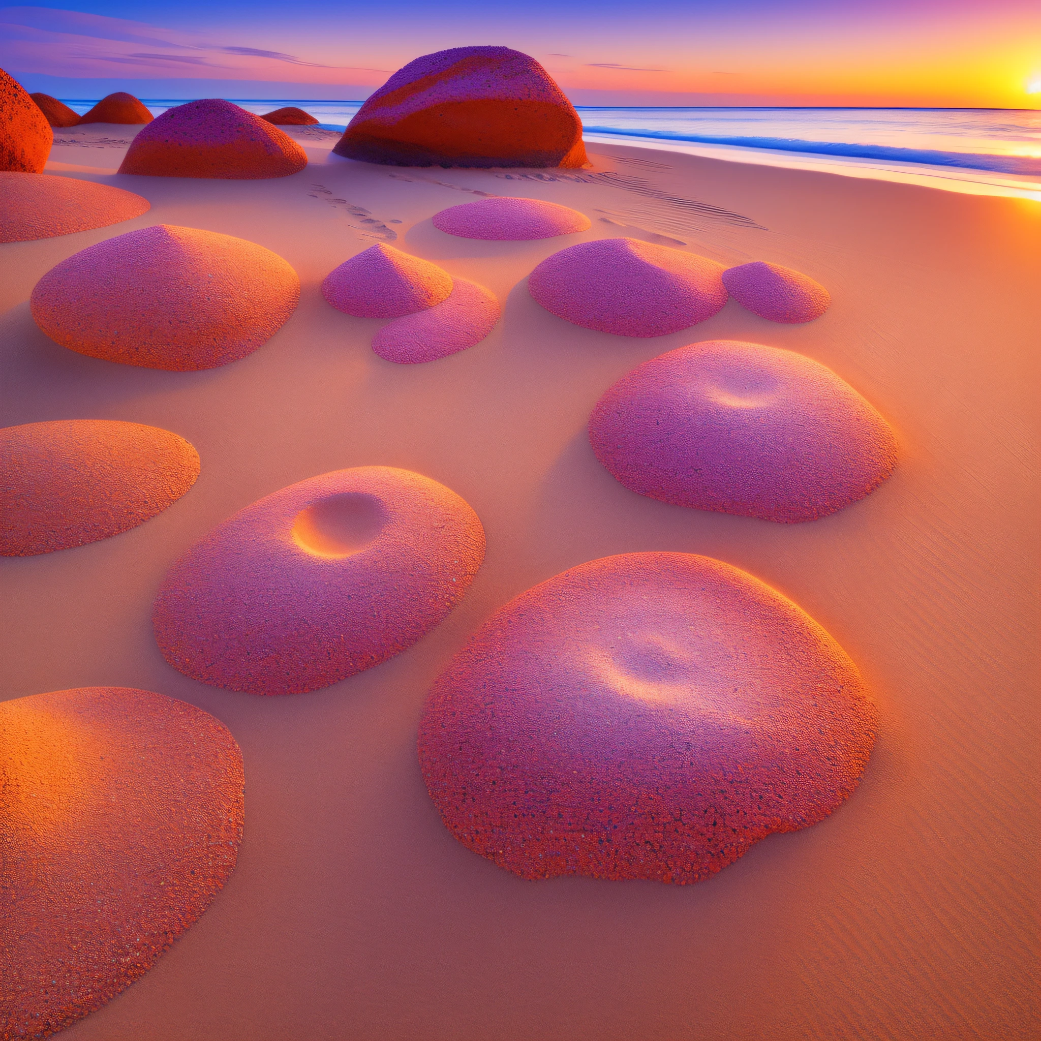 stones sand beach sunset , ((vibrant, photo realistic, realistic, dramatic, sharp focus, 8k)))