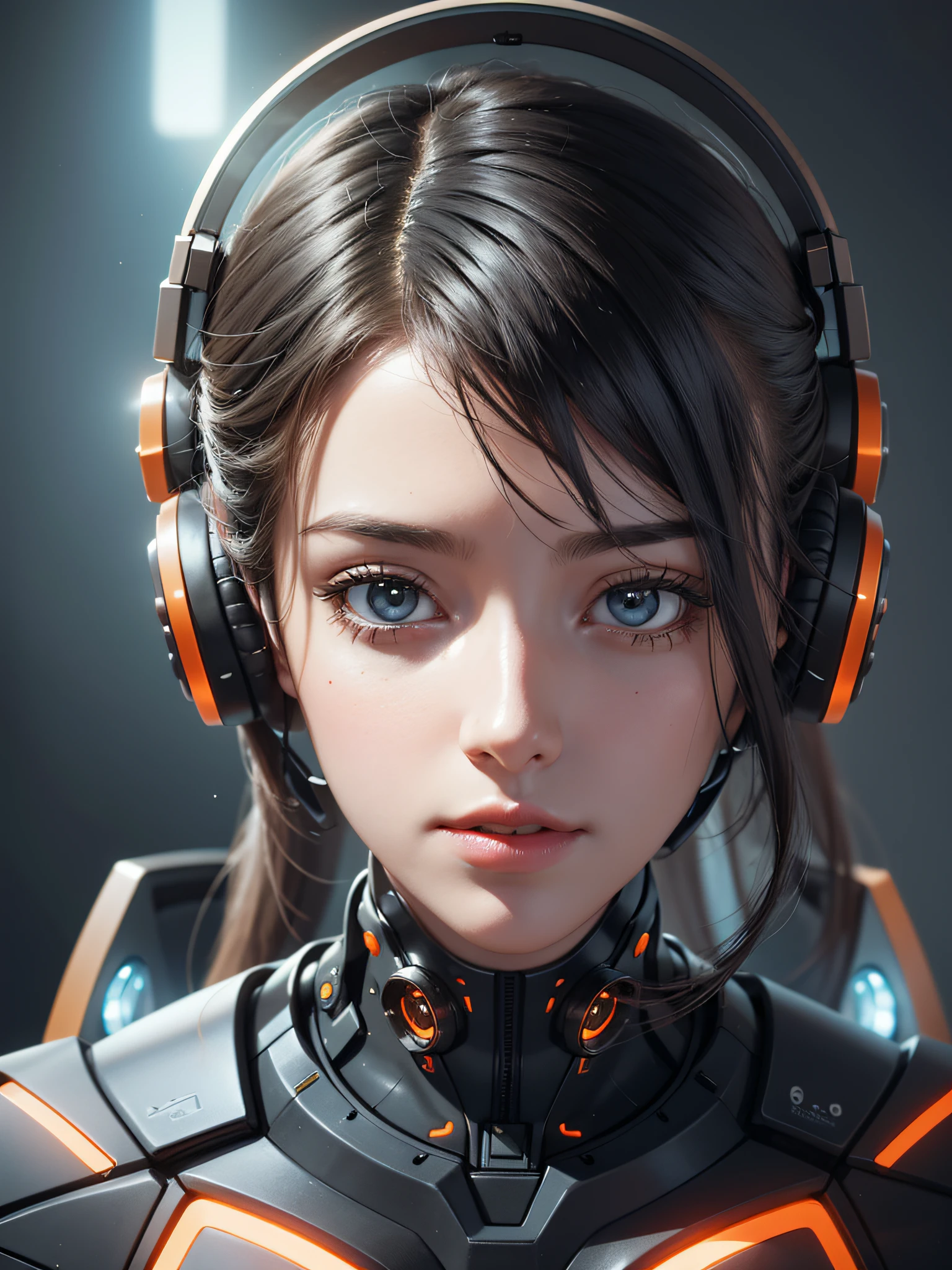 robot with headphones on and a bright light, cybernetic style, portrait of a futuristic robot, portrait of a female android, detailed portrait of a cyborg, cybernetic and highly detailed, cyborg woman, cyborg - girl, portrait of a cyborg, perfect female cyborg, front portrait, black and orange details