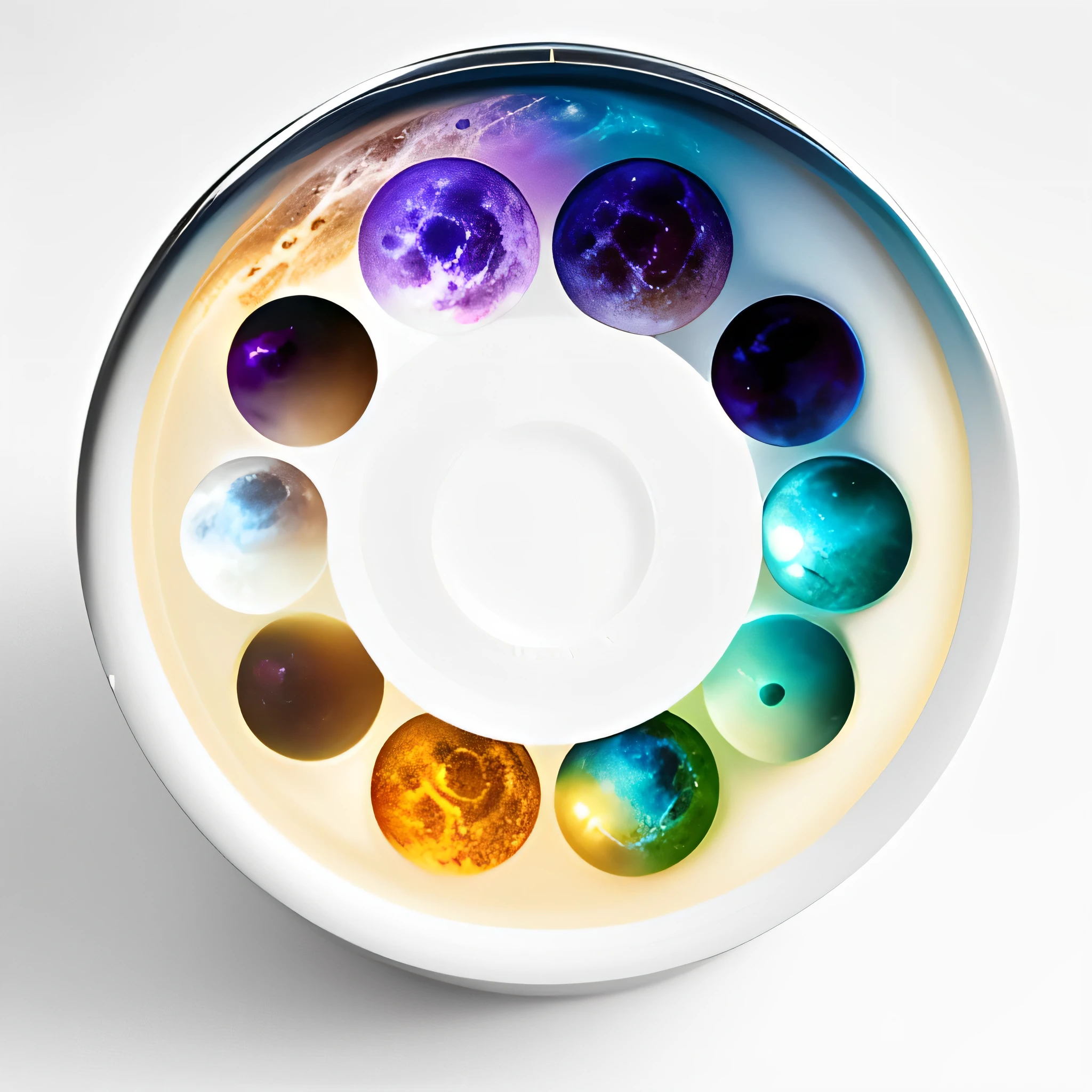 arafed image of a bowl with planets in it, cosmic colorful ultima moongate, multiverse portal, energy spheres, harmony of the spheres, space molecules, lens orbs, planets orbit, infinite space clock background, planets and galaxies, lens flair, mini planets, multiverse, floating planets, plasma globe, portal in space, spheres