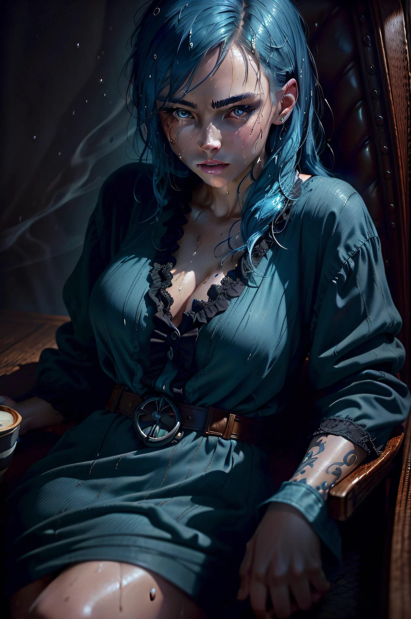 (((19 year old girl))) sitting in chair, ((with her hands between her legs)), (((wet skin))), ((blue hair, green eyes)), ((on the side of table with coffee)), ((coffee smoke)), black blouse, beautiful face, captivating look, without looking at the camera, a very cinematic photo with the color scheme of the Netflix series Dark, cracked porcelain skin, skin pores, detailed skin, detailed intricate skin, detailed intricate iris, very dark lighting, heavy shadows, detailed, detailed face, (vibrant, realistic photo, realistic, dramatic, dark, sharp focus, 8k)