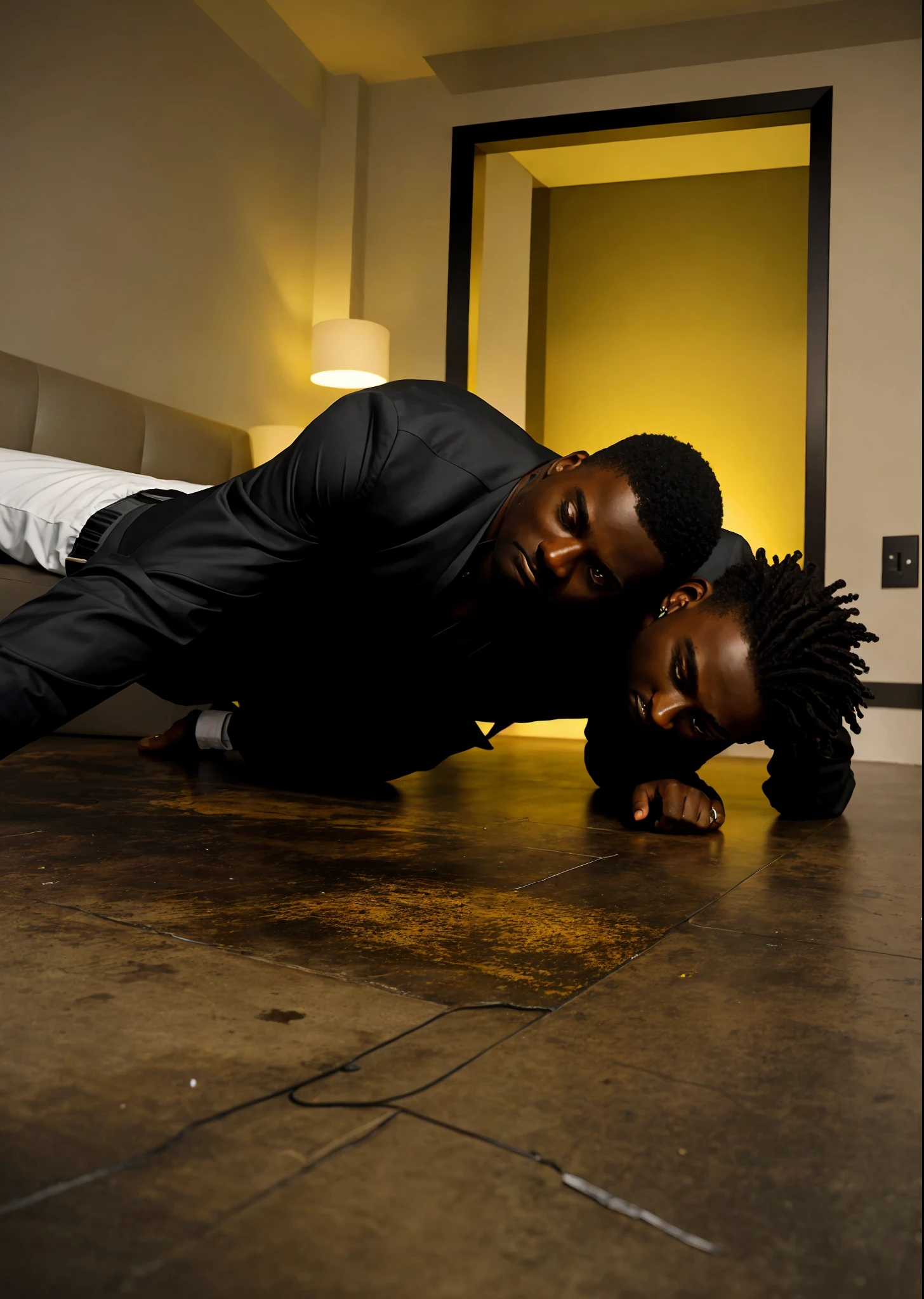 Black man on the bloodied floor wearing a suit of the color lead black shirt, with a background of a luxury hotel room, with yellowish lights, realistic image.