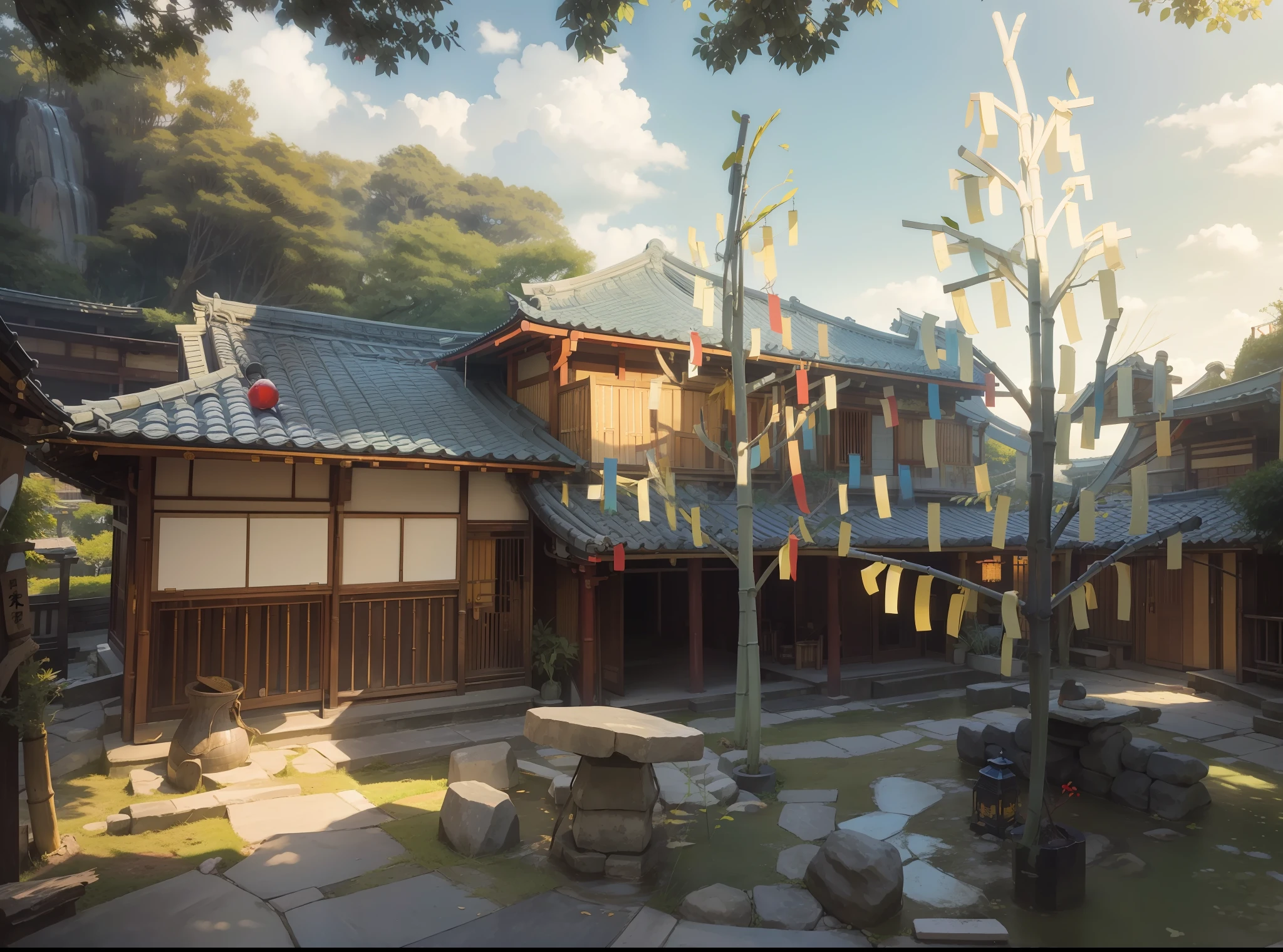 ((masterpiece)),best quality,ultra-detailed CG,high precision,Tokyo atmosphere,traditional Japanese homes],Tanabata,Bamboo leaves,Tanabata ornament,[-:](Bamboo with colorful strips of red & blue & yellow & white & black),Passionate [positive emotion],28 years old,Outdoor [ location], daytime, exit to blue sky, blue sky, wide sky, enclosed sky, pale shade, pale hue, Optimistic [情绪], white wall storehouse building on right, stone desk, stone chair, bright garden, fantastic color sky