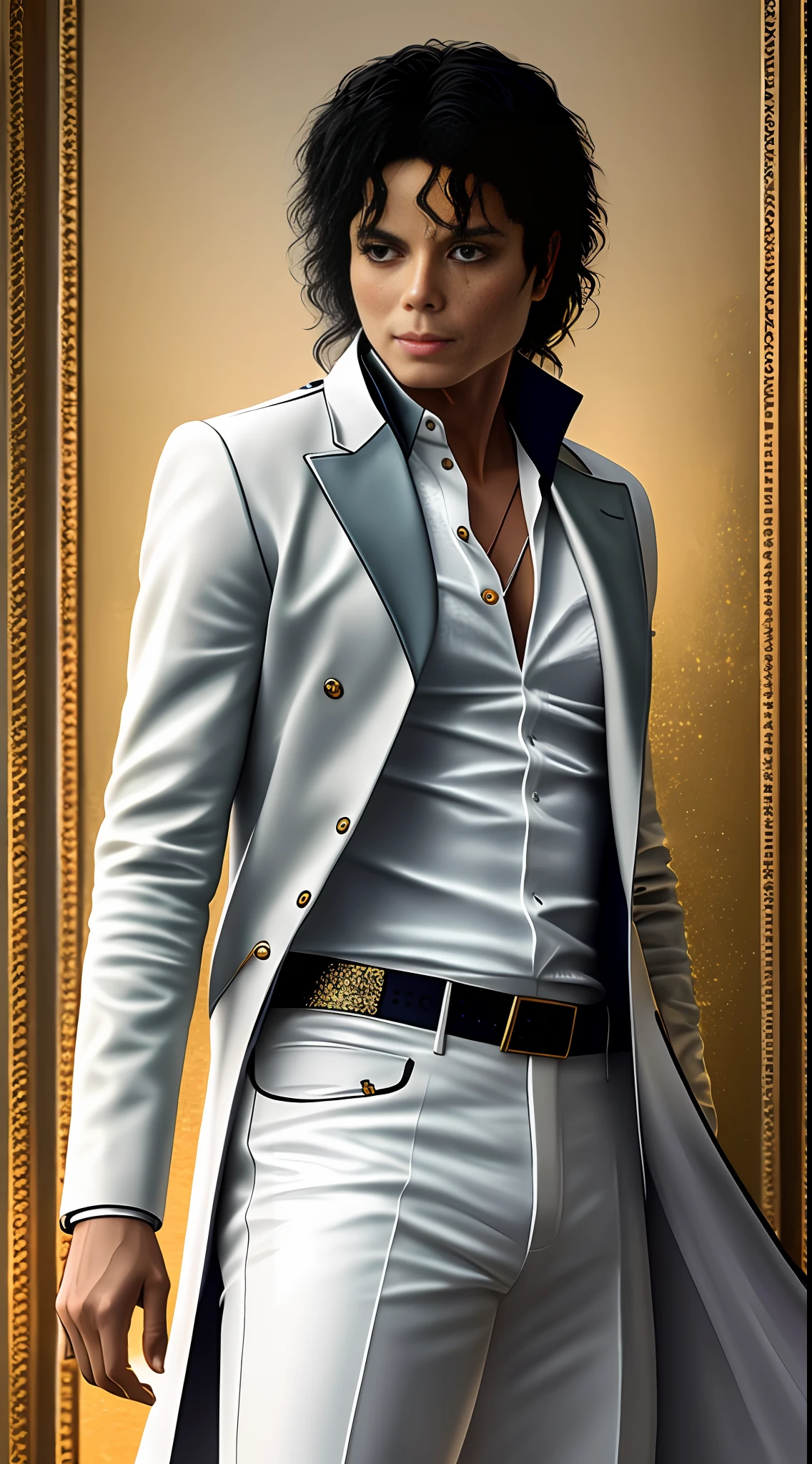 create Michael Jackson in Full body photography of the most beautiful artwork in the world, in show costume, (image made in Paradise) ArtStation, CGSociety, complex, high detail, clear focus, dramatic, realistic pictorial art trends Greg Rutkovsky