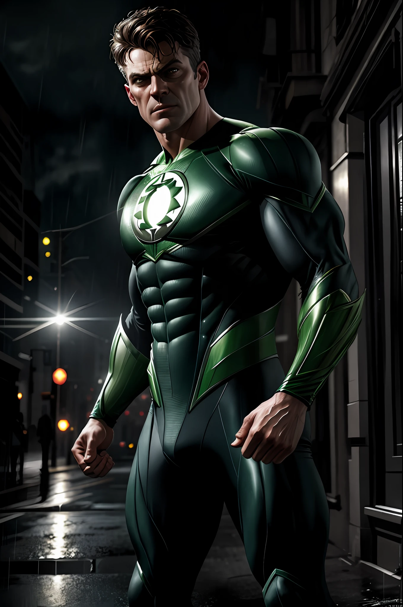 The Green Lantern, cinematic, hyper-realistic, photo, detailed skin, hdr, cinematography, rain, criminals next door, dark street, rabid dog