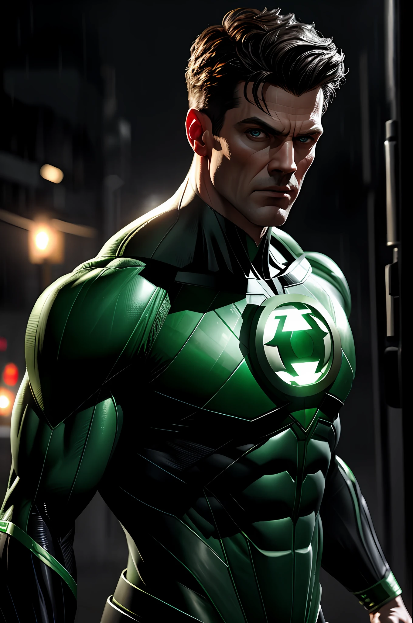 The Green Lantern, cinematic, hyper-realistic, photo, detailed skin, hdr, cinematography, rain, criminals next door, dark street, rabid dog