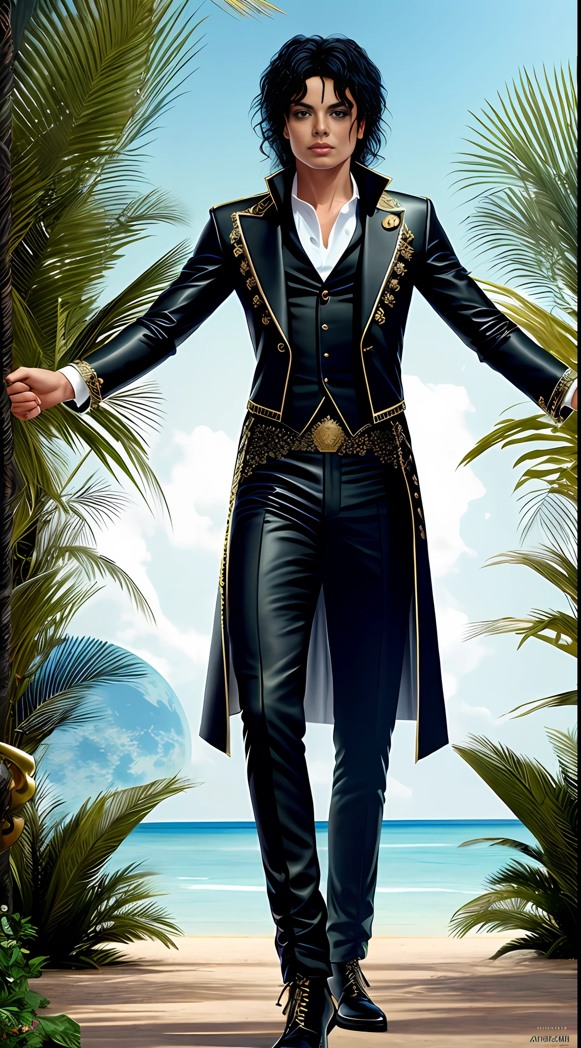 create Michael Jackson in Full body photography of the most beautiful artwork in the world, in show costume, (image made in Paradise) ArtStation, CGSociety, complex, high detail, clear focus, dramatic, realistic pictorial art trends Greg Rutkovsky