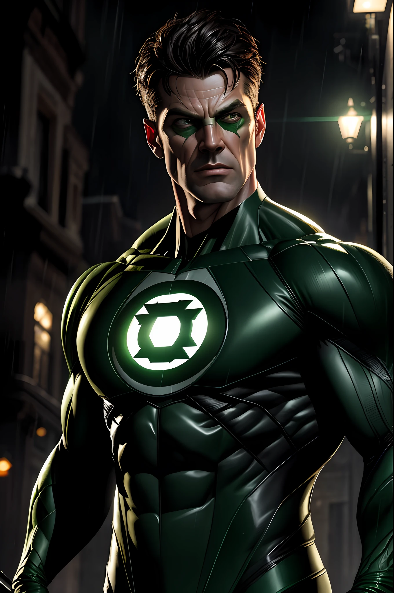 The Green Lantern, cinematic, hyper-realistic, photo, detailed skin, hdr, cinematography, rain, criminals next door, dark street, rabid dog