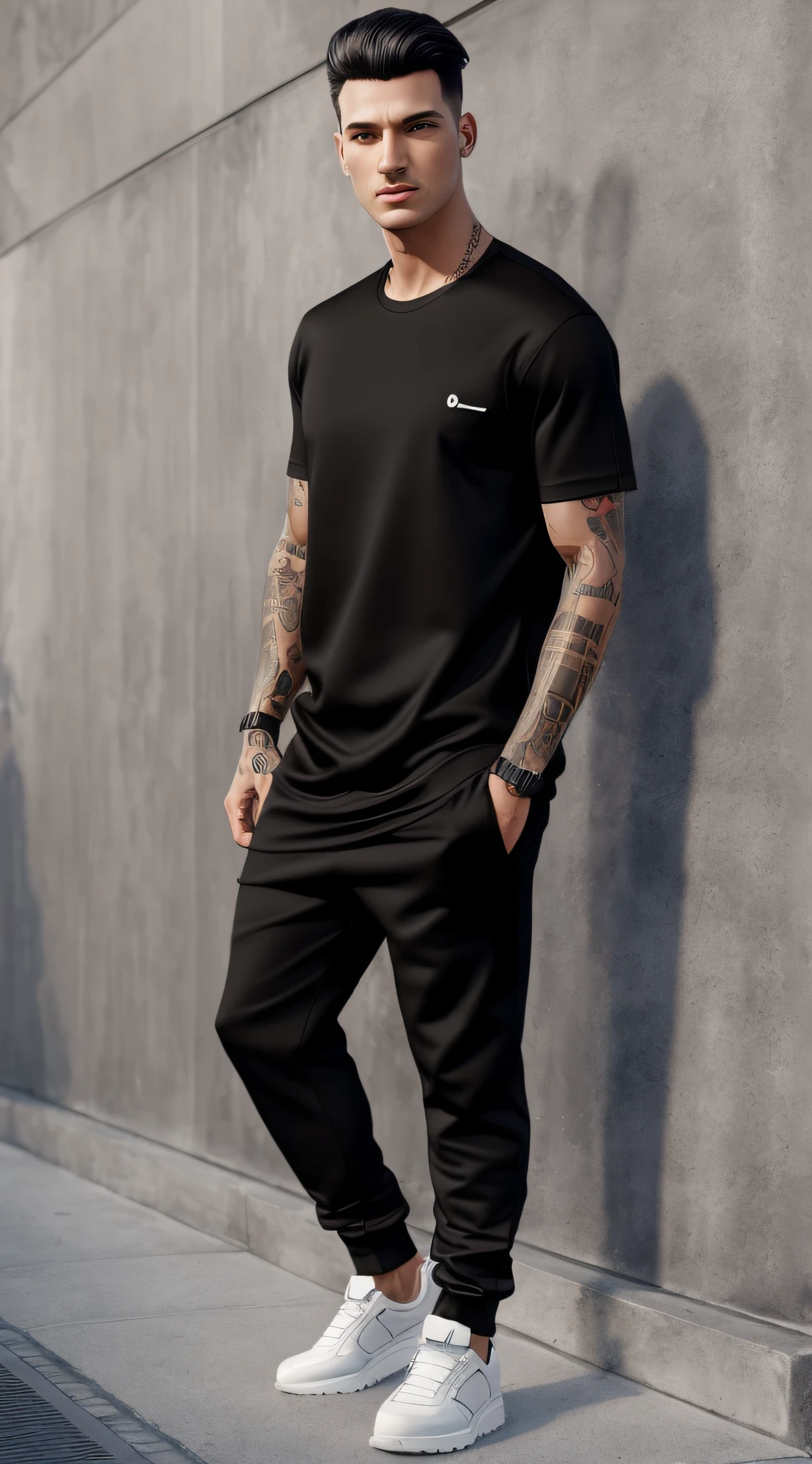 (street man), ((black t-shirt dress with modern design in the middle type sublimation print)) ((dark black modern sweatpants)), ((black shoes with gray)),((straight and short brown hair)), fair skin, a tribal tattoo on the arm, black eyes, ((full body)), ((perfect face)),((perfect iris eyes)), supported on walls with graffiti art, image fashion photographic catalog,  Social realism, Realism, ray tracing, reflection light, high quality, high details, super detail, 8k, 16k, best quality