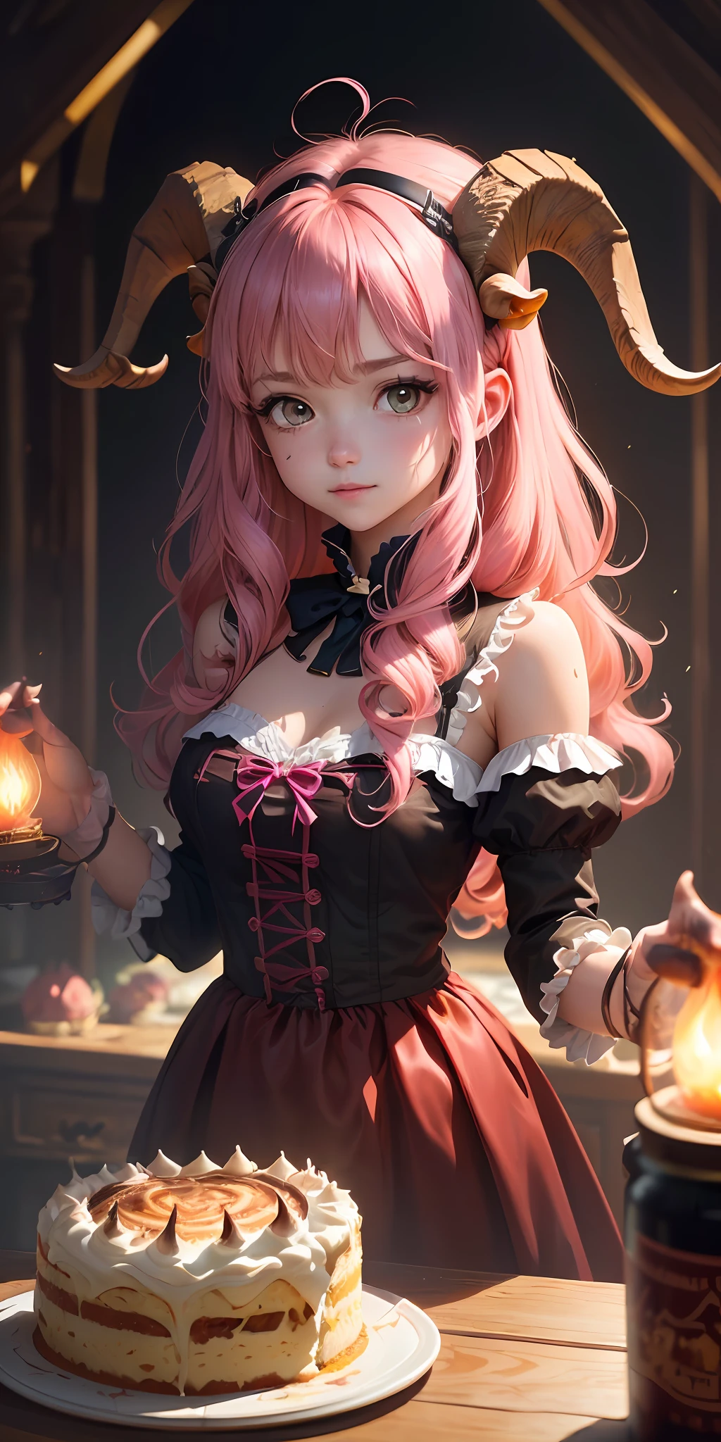 (CG unity 8k wallpaper extremely detailed: 1.5),<(masterpiece: 1.5), (best quality: 1.7), high-resolution illustration, (finely detailed eyes and detailed face: 1.3), (detail: 1.3, best quality, (ultra-detailed), (extremely delicate and beautiful), (illustration), (painting), (masterpiece: 1.5),cinematic light, dynamic angle, floating, sharp focus, (2d: 1.7), (best quality: 1.3),(illustration: 1.1),((disheveled hair: 1.2),(beautiful detailed eyes:  1.1), (cinematic light: 1.1), 1girl, a pretty girl serving a demon cake, pink, bright pastel colors, kawaii, (horror), strange, rabbit skull, goat skull, in hell, scary, demons, claws, better lighting