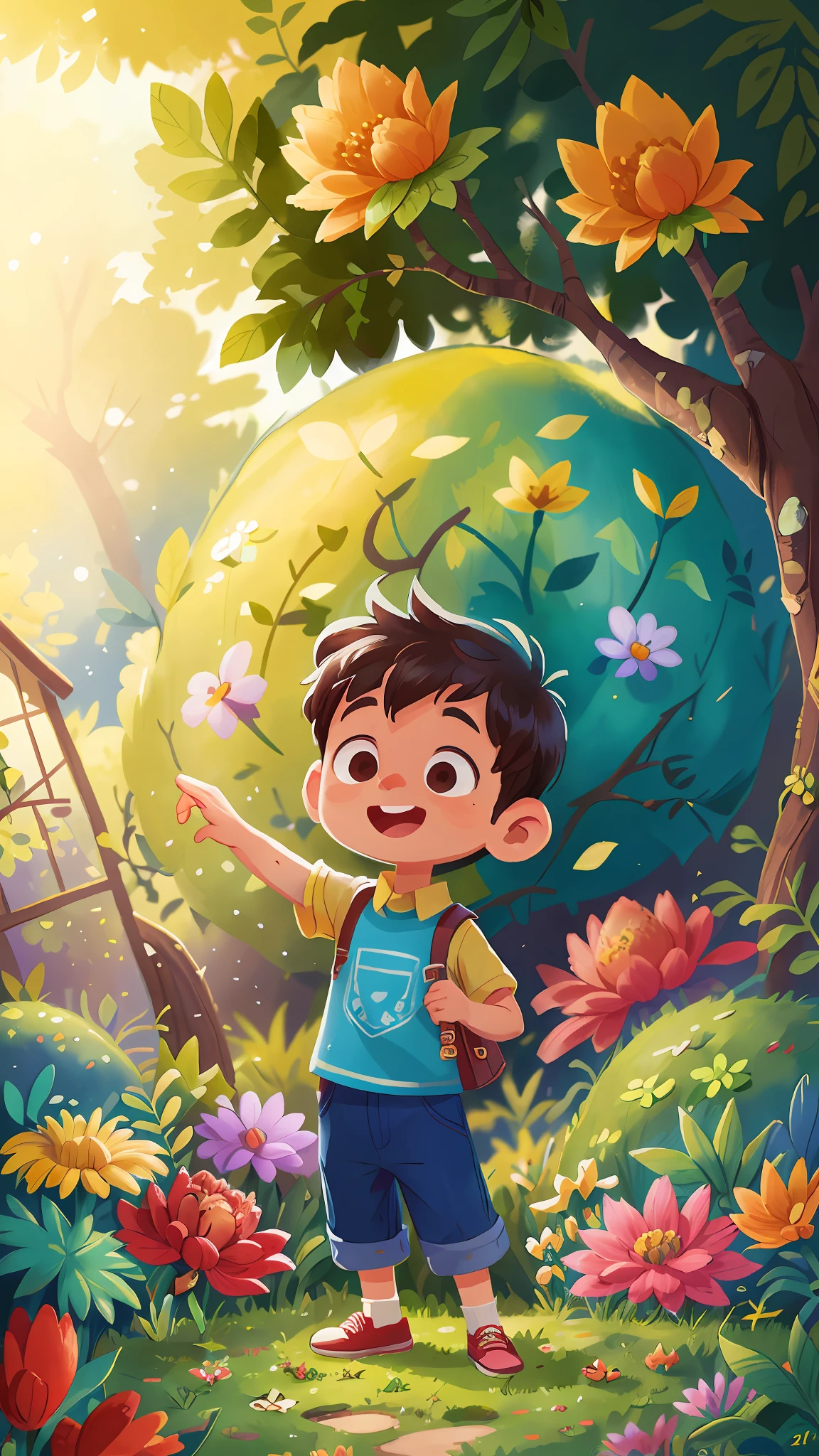 A 6--old standing in a garden, happy, happy, perfect quality, clear focus (mess - house: 0.8), (masterpiece: 1.2) (Realistic: 1.2) (Bokeh) (Best quality) (Detailed Skin: 1.3) (Intricate Details) (8K) (Eye Detail) (Sharp Focus), (Happy)