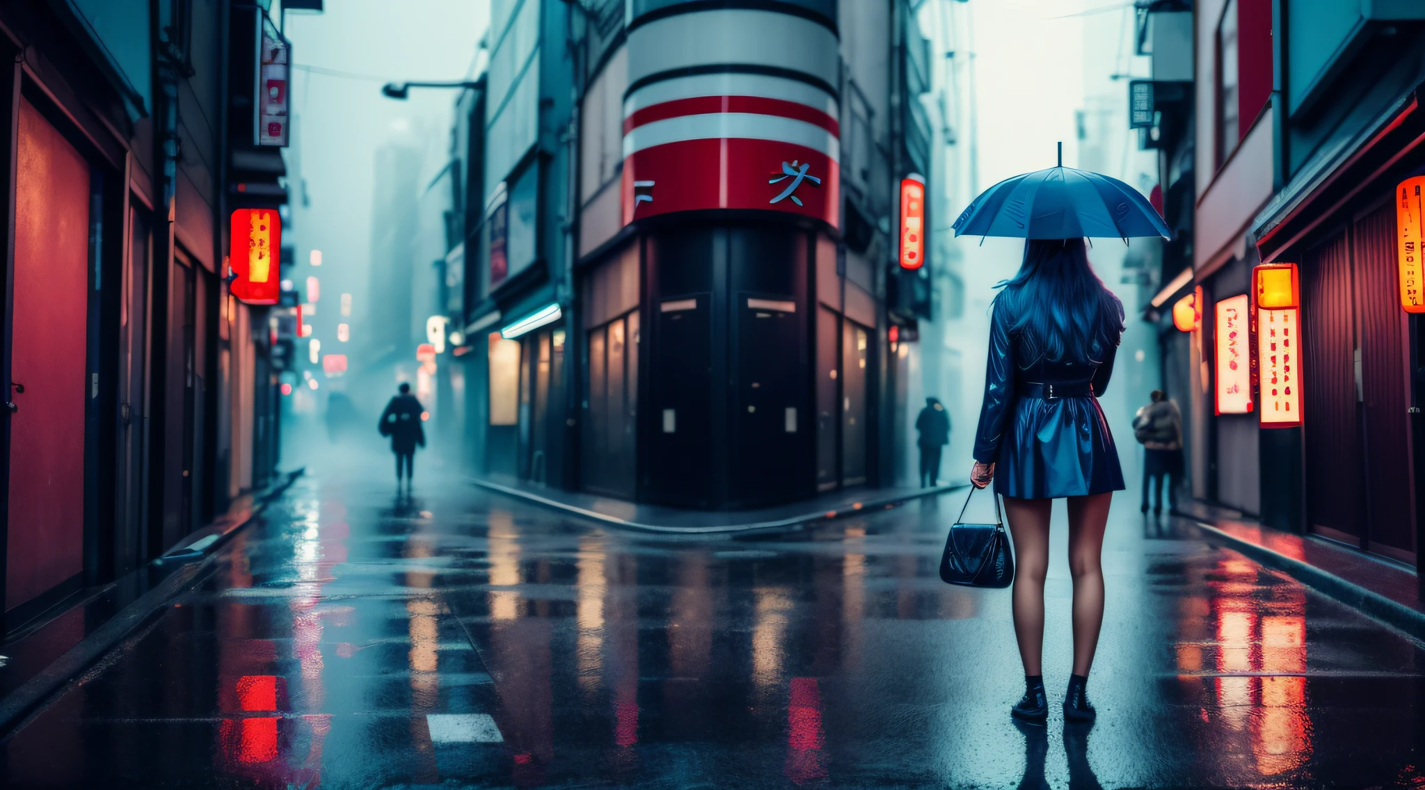 (best quality, masterpiece: 1.3), 1girl, rainy day, fog, alley, umbrella holding, large and transparent umbrella, looking at the viewer, blue hair, facing the photo, cyberpunk city, alone in the alley, neon in the alley, very reflective city, long hair, sized strands going over the alley, bars, Japan, Tokyo, garter belt on one leg, knee pad on the other leg, perfect hand, delicate, night
