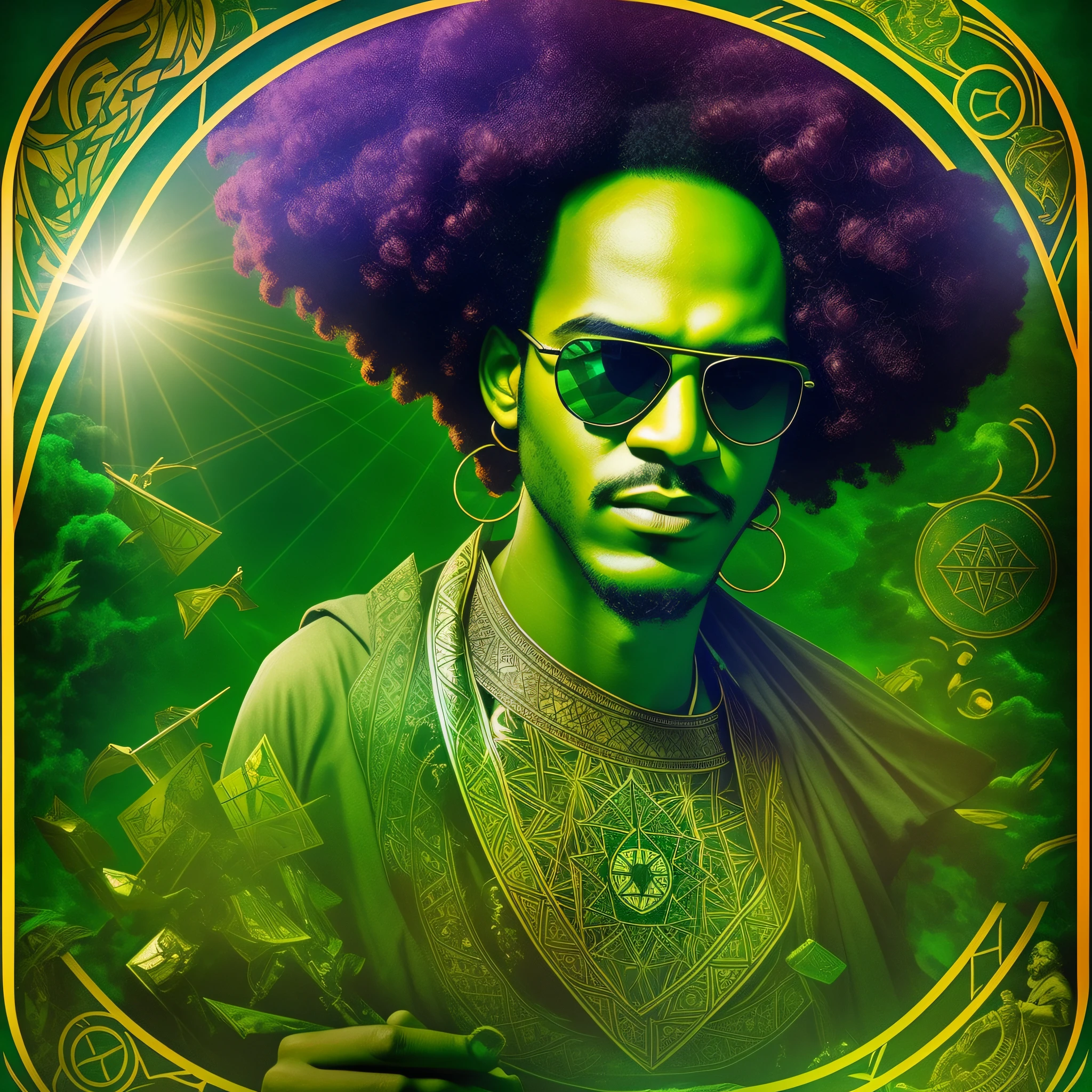 shaved face, man, green face, green skin, afro hair, dark ray-ban sunglasses, fortune teller, mysterious, holding tarot card in hand, mysterious light --auto --s2