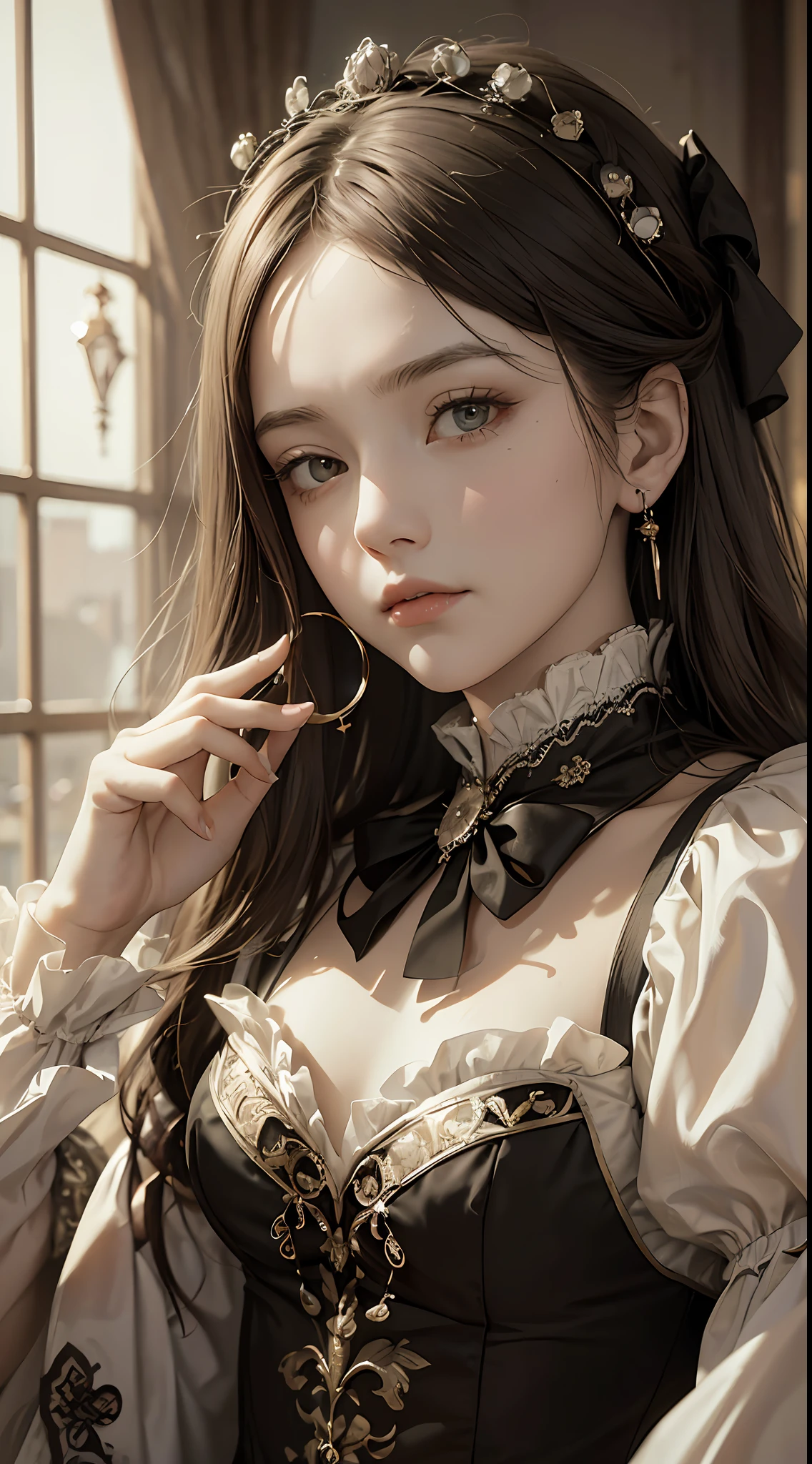 (Pure Color: 0.9), (Color: 1.1), (Masterpiece: 1,2), Best Quality, Masterpiece, High Resolution, Original, Highly Detailed Wallpaper, Beauty, Victorian, Dress, Sad, Small Face, Big Breasts, Sepia --auto --s2