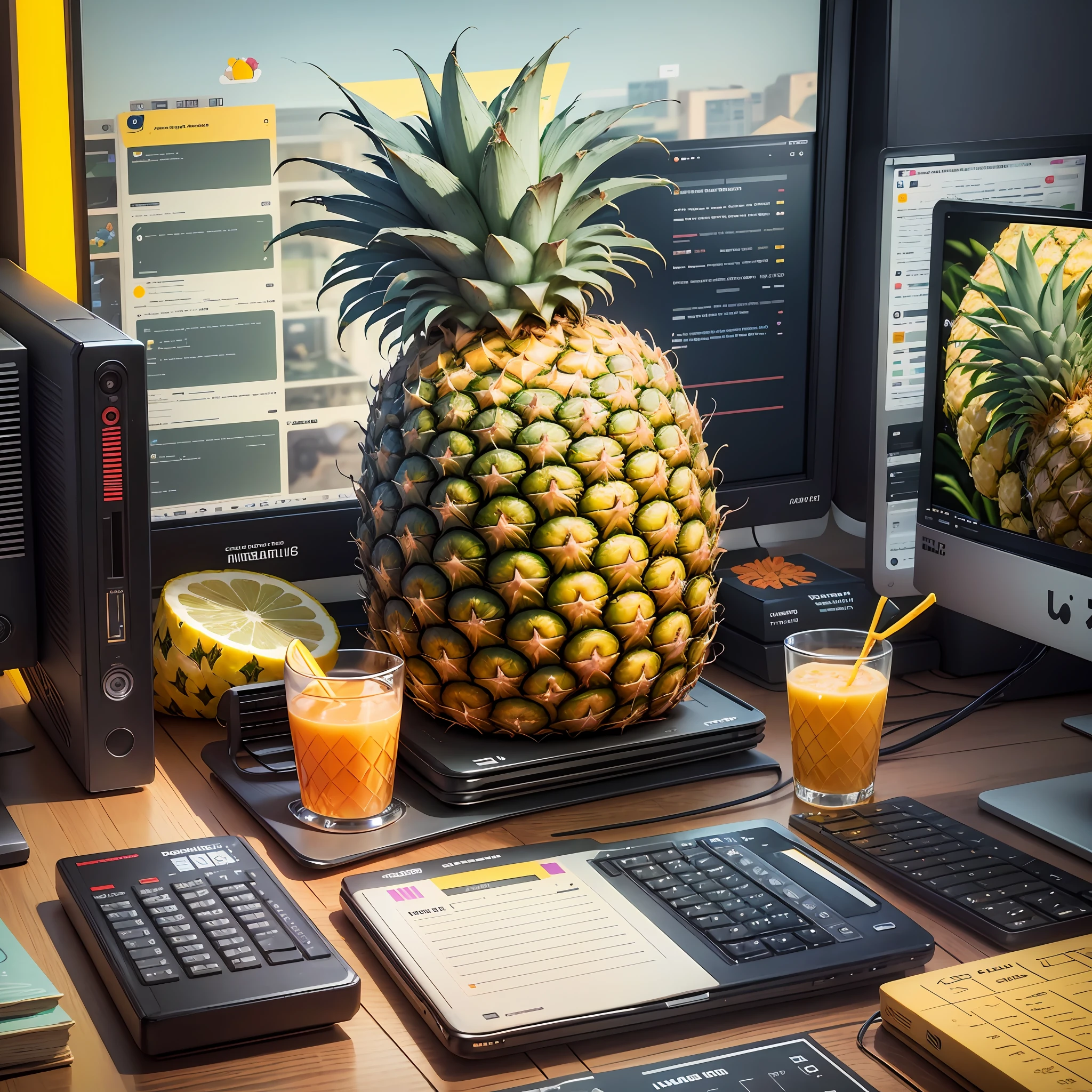 **pineapple, social media, legal battle, ban, pop art, Pixar, computer screen --auto --s2