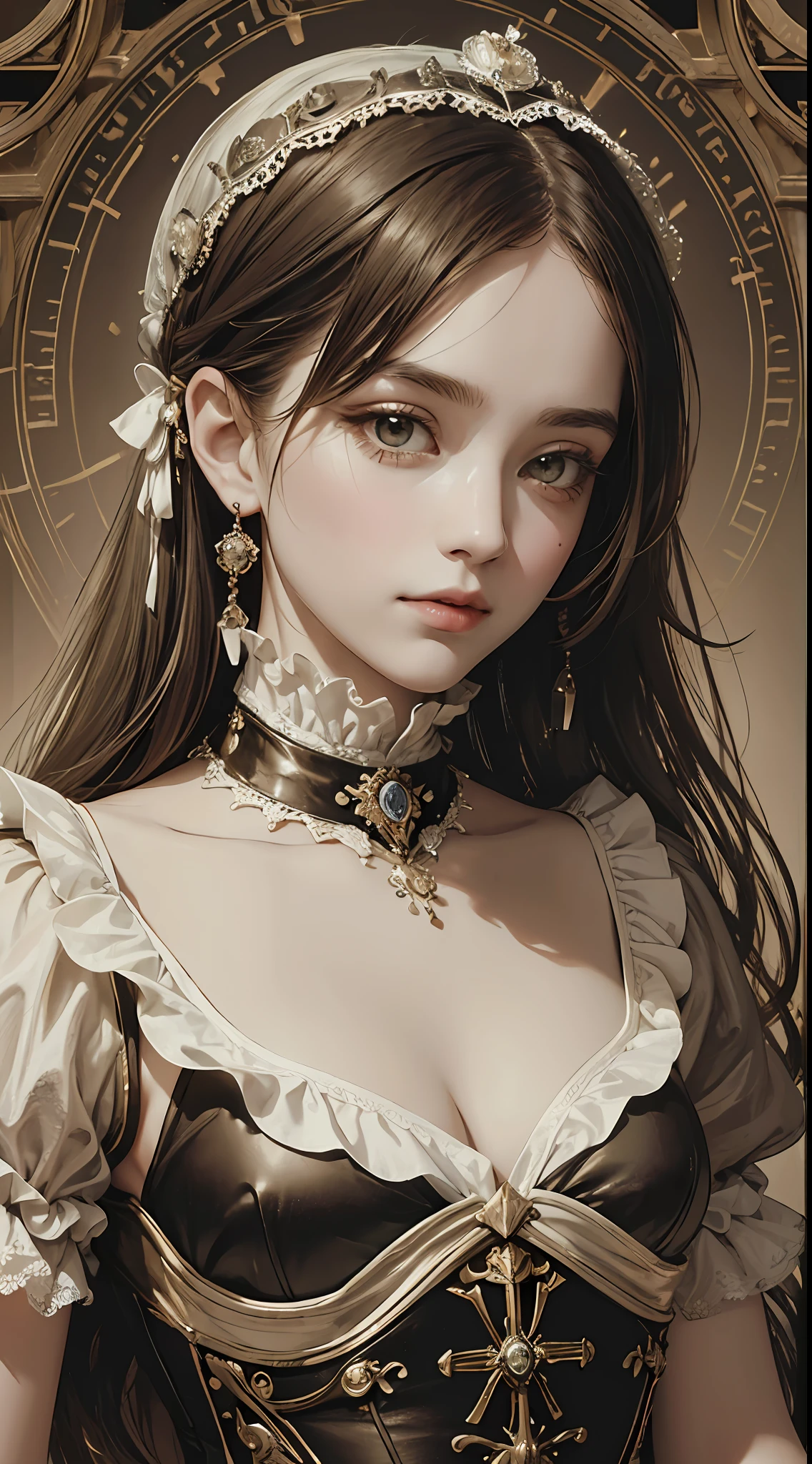 (Pure Color: 0.9), (Color: 1.1), (Masterpiece: 1,2), Best Quality, Masterpiece, High Resolution, Original, Highly Detailed Wallpaper, Beauty, Victorian, Dress, Sad, Small Face, Big Breasts, Sepia --auto --s2