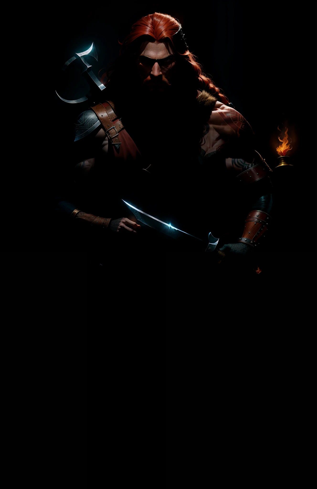 Movie poster, Viking Warrior, with a Viking-style tattoo on his body, long red hair, delicate face, holding a Viking war axe, leather equipment, complex and highly detailed details, volumetric lighting, 4K rendering, ultra-realistic and realistic textures,