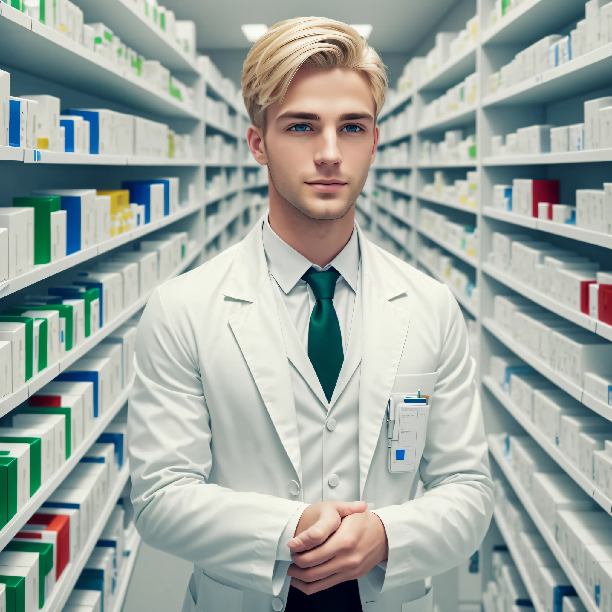 Blonde man, perfect green eyes, ultra detailed, white coat, background in pharmacy, --auto --s2