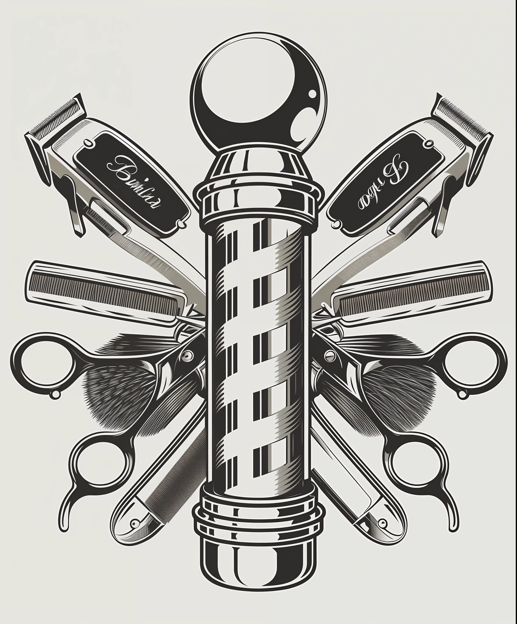 a close up of a barber pole with scissors and other hair products, sharp linework, by Henrik Weber, detailed vectorart, by Matthias Stom, created in adobe illustrator, detailed digital illustration, highly detailed vector art, in style of mike savad”, hd illustration, by Robert Zünd, commercial illustration, by Mario Dubsky, sharp and detailed