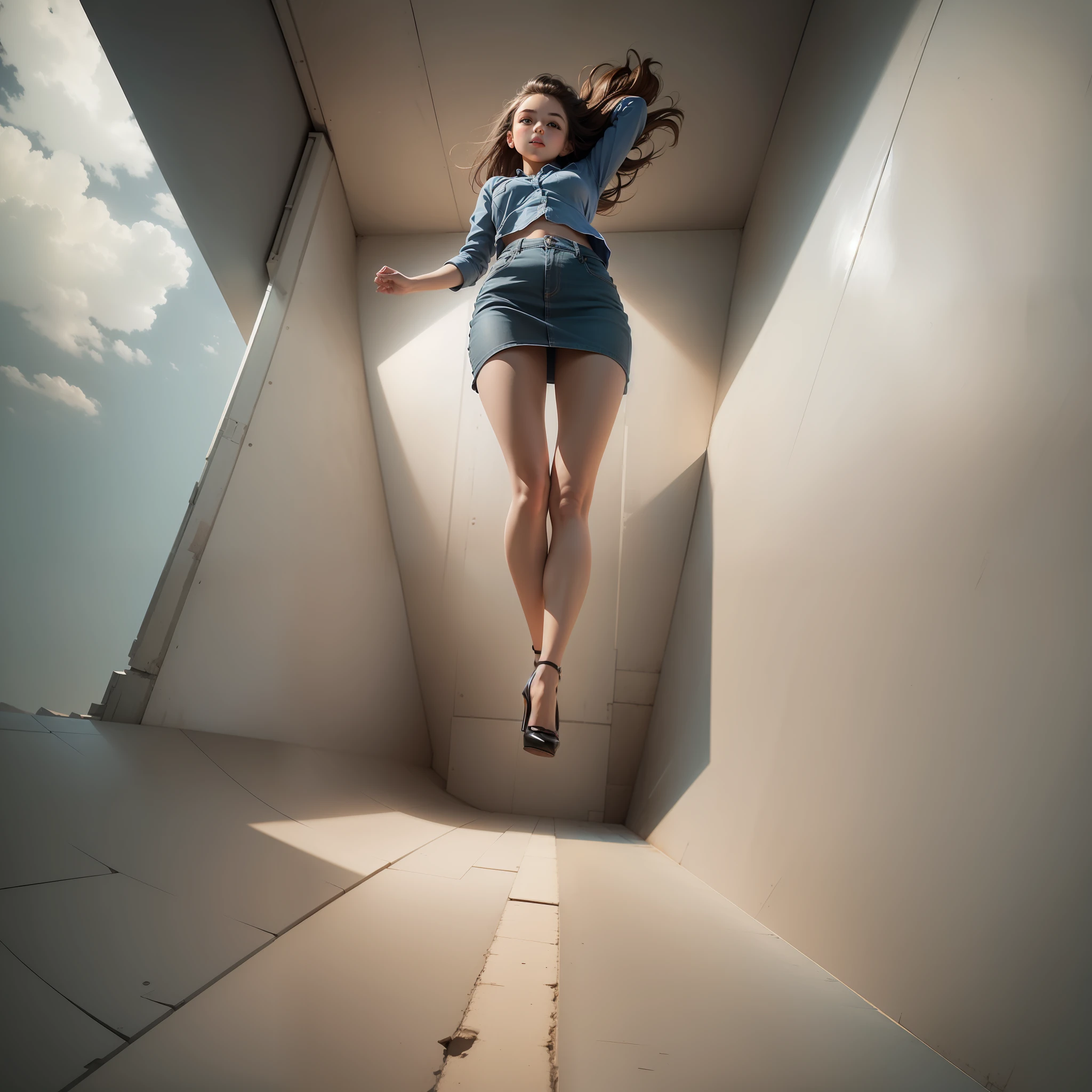 Girl in perspective, you can see the whole body, the view from below, her left leg near the camera, in heels, a steep perspective, a vertical perspective, an interesting angle
