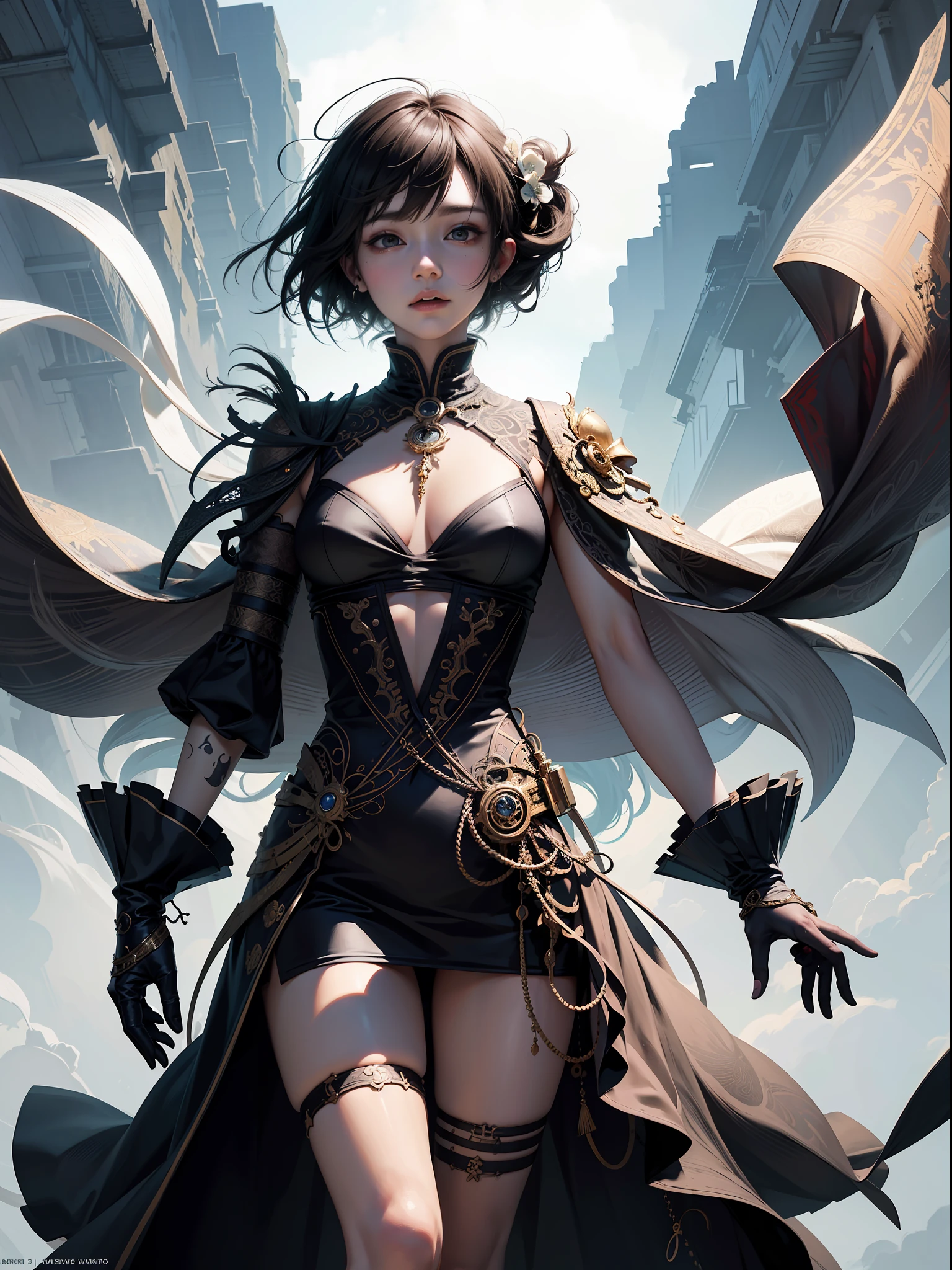 official art, unity 8k wallpaper, ultra detailed, beautiful and aesthetic, masterpiece, best quality, (zentangle, mandala, tangle, entangle), (fractal art:1.3) , 1girl, extremely detailed, dynamic angle, cowboyshot, the most beautiful form of chaos, elegant, a brutalist designed, vivid colours, romanticism, by james jean, roby dwi antono, ross tran, francis bacon, michal mraz, adrian ghenie, petra cortright, gerhard richter, takato yamamoto, ashley wood, atmospheric, ??????? of musical notes, streaming musical notes visible