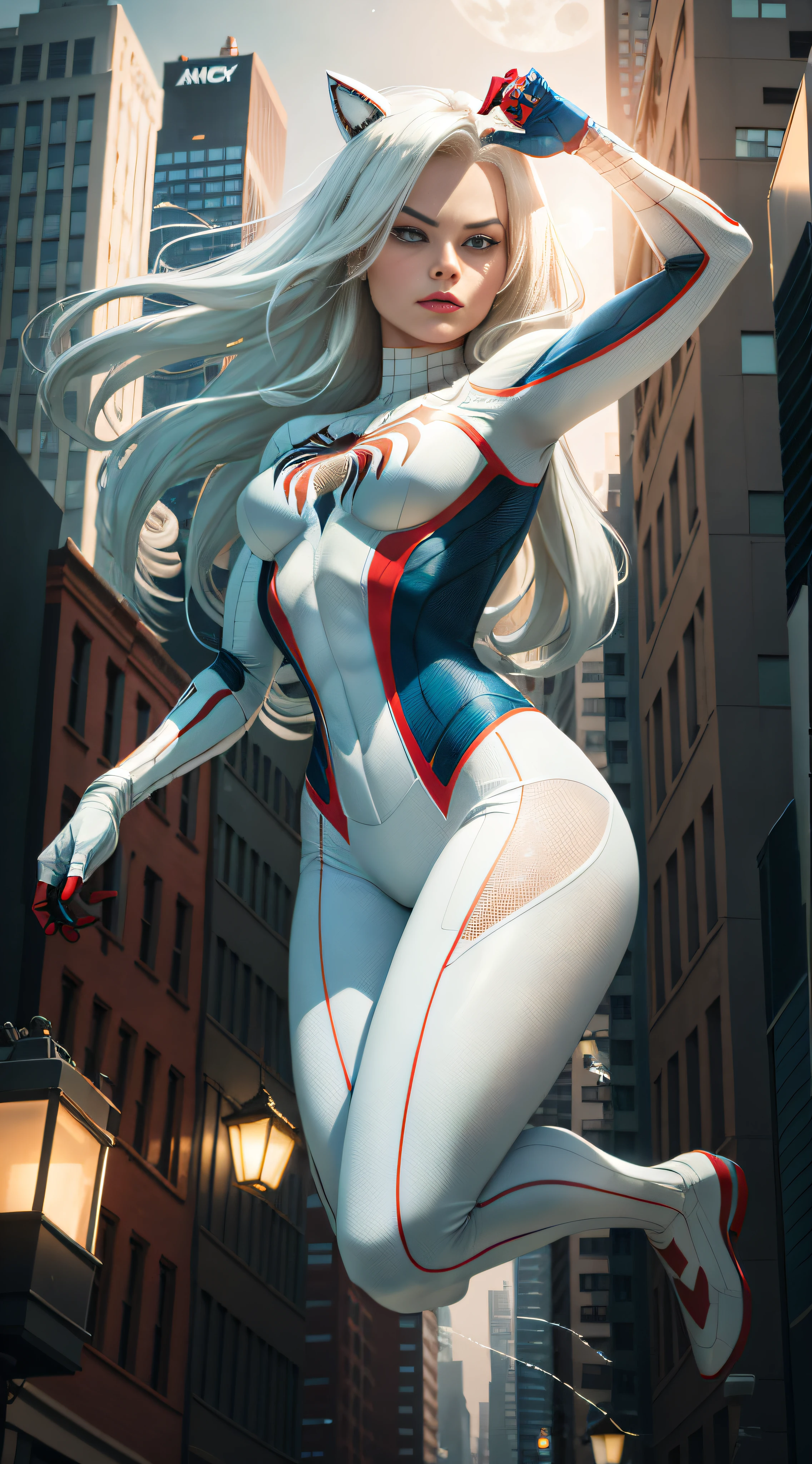 Margot Robbie (Masterpiece, 4k resolution, ultra-realistic, very detailed), (White superhero theme, charismatic, there's a girl at the top of town, wearing Spider-Man costume, she's a superhero), [ (25 years), (long white hair:1.2), full body, (blue eyes:1.2), ((Spider-Man pose),show of strength, jumping from one building to another), ((sandy urban environment):0.8)| (cityscape, at night, dynamic lights), (full moon))] # Explanation: The Prompt mainly describes a 4K painting of ultra-high definition, very realistic, very detailed. It shows a superheroine at the top of the city, wearing a Spider-Man costume. The theme in the painting is a white superhero theme, the female protagonist has long white hair, is 25 years old and her entire body is shown in the painting. In terms of portraying the actions of superheroines, spiders are employed