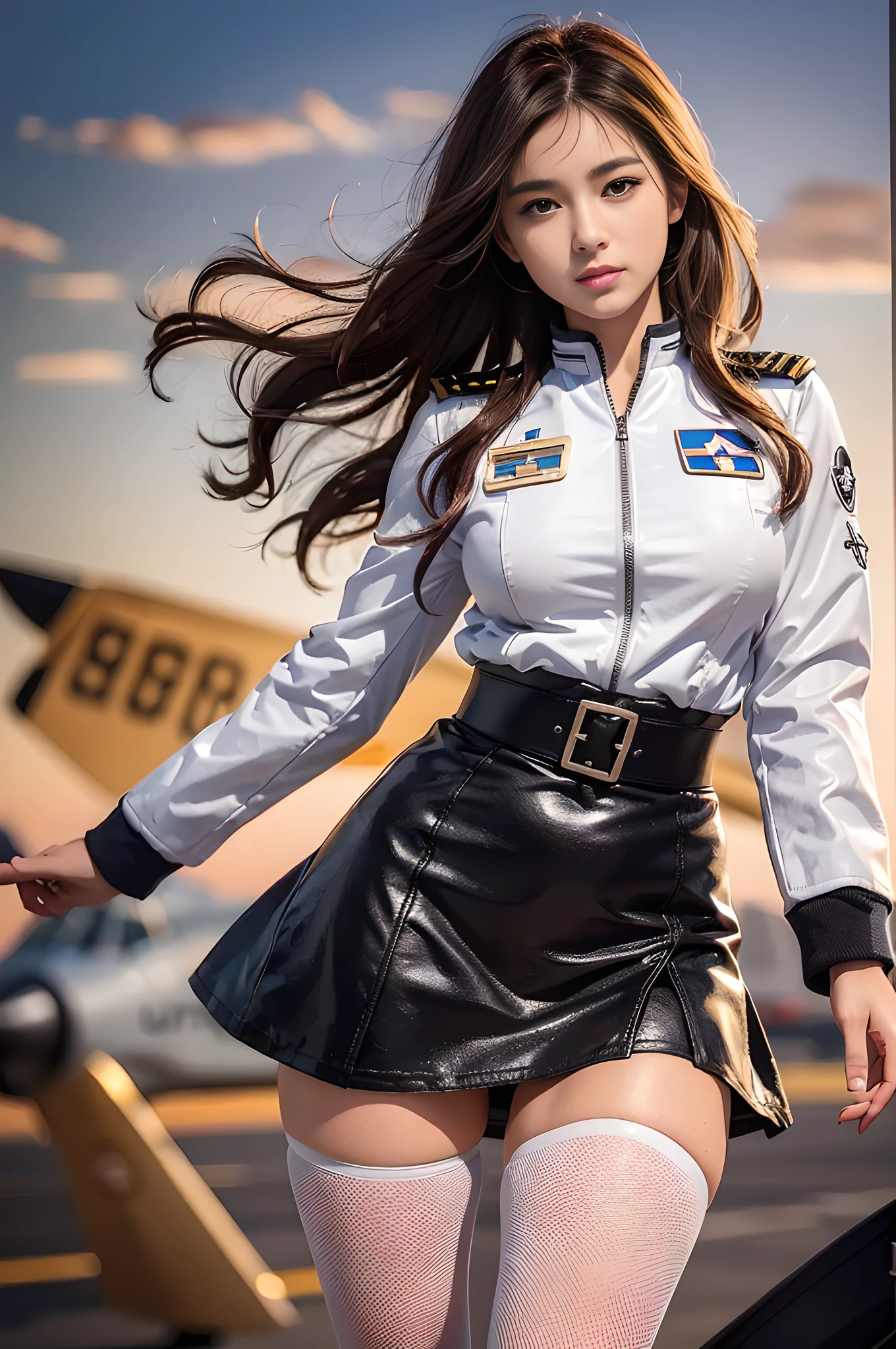 (Best quality, 8k, 32k, Masterpiece, UHD:1.2), (realistic:1.5), (masterpiece, Extremely detailed CG unity 8k wallpaper, best quality, highres:1.2), (ultra detailed, UHD:1.2), Photo of extremely cute and beautiful Japanese woman, (chestnut long wavy hair:1.2), adult, (detailed beautiful girl:1.4), best quality, woman, adult, (detailed US air-force pilot uniform:1.5), (white pilot captain jacket:1.3), (black high-waist tight skirt:1.3), (Beautiful sunset US air force base runway view background:1.2), embarrassed laughing:1, looking at viewer, facing the viewer, ((perfect female body)), (narrow waist:1.2), (upper body image:1.3), slender, abs, (large breasted:1.25), frame the head, wind, dynamic pose, cinematic light, back light, detailed clothes, perfect anatomy, perfect proportion, detailed human body, stylish model pose,