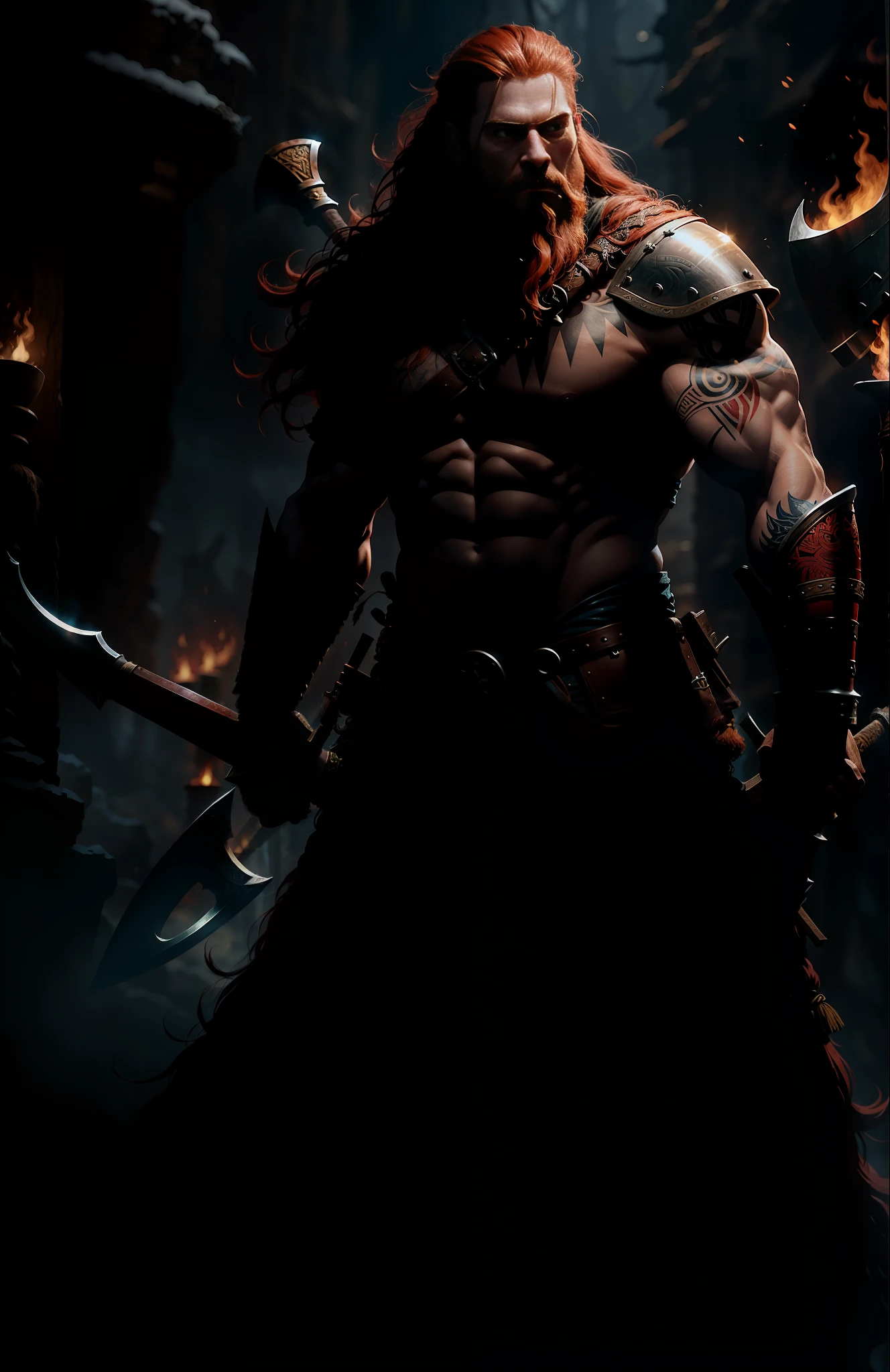 Movie poster, Viking Warrior, with a Viking-style tattoo on his body, long red hair, red beard, delicate face, holding a Viking war axe, leather equipment, complex and highly detailed details, volumetric lighting, 4K rendering, ultra-realistic and realistic textures,