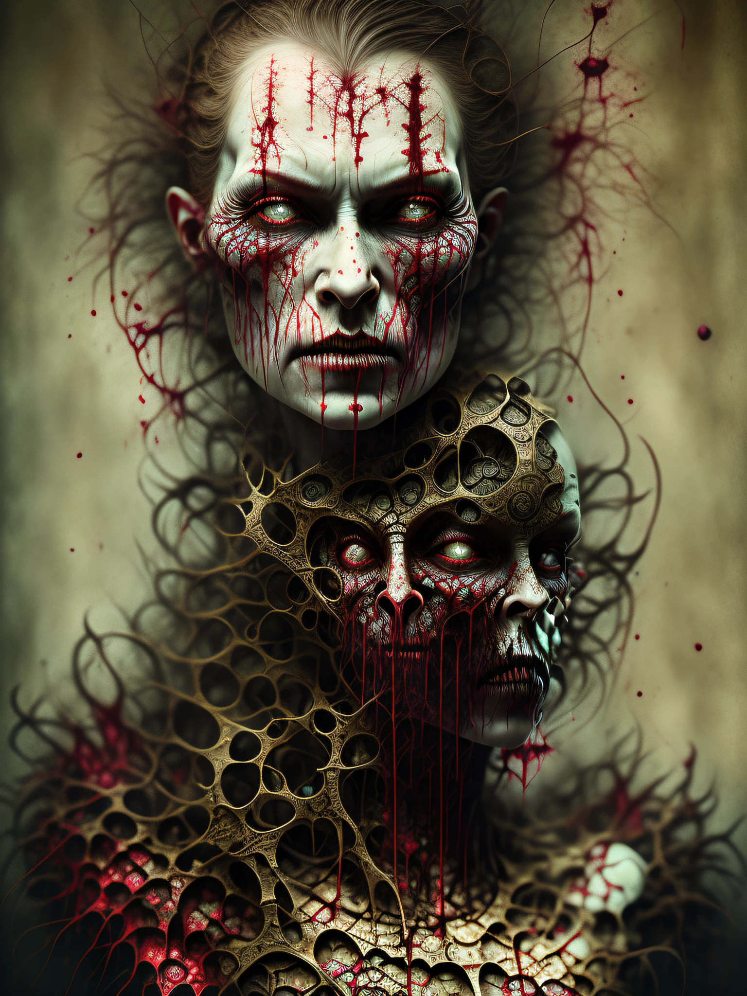 arafed image of a woman with a creepy face and blood on her face, stefan gesell, creepy sigma 75mm, detailed and creepy, scary portrait, horror photography, scary creature, scary look, award winning horror photography, michael hussar, creepy macro photo, by Aleksander Kobzdej, portrait death clown